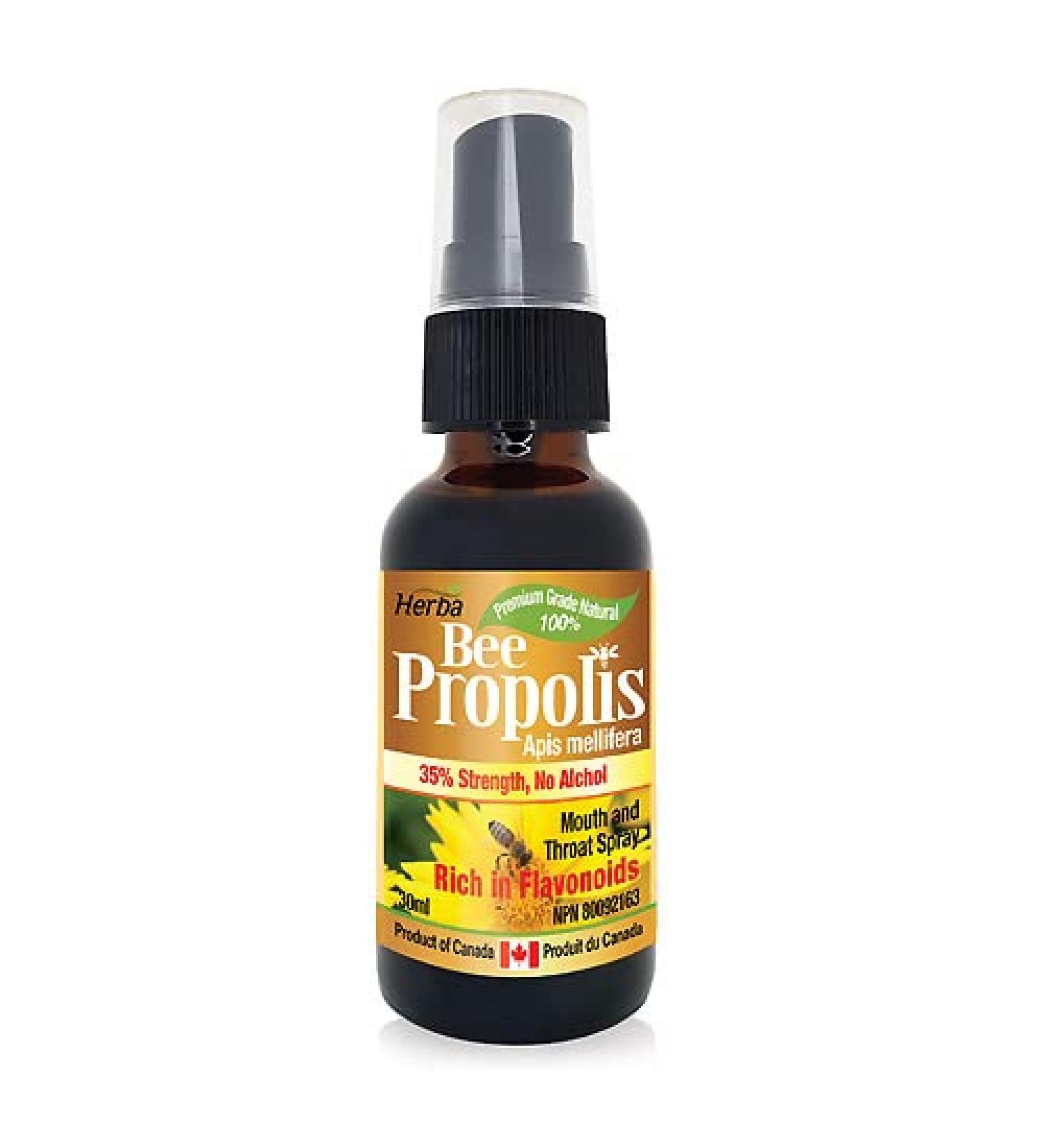 Herba Bee Propolis Throat Spray 30ml - No Alcohol | Helps Relieve Sore Throats and Mouth Infections | Rich in Flavonoids | 100% Natural - Premium Grade | Made in Canada | Alcohol Free Spray - Buy Online on SooperMarket.com