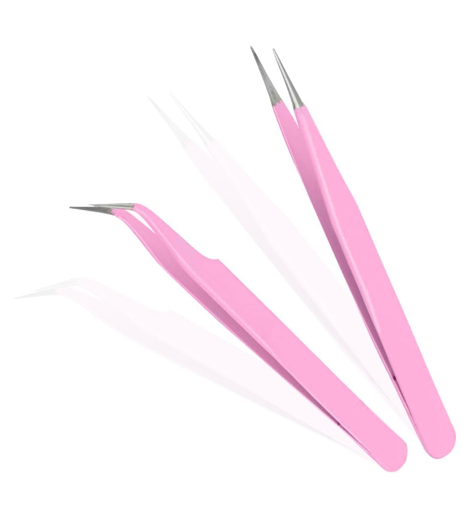 2 Pack Eyelash Tweezers - Stainless Steel Straight & Curved Tip for Eyelash Extensions | International Shipping Available - Buy Online on SooperMarket.com