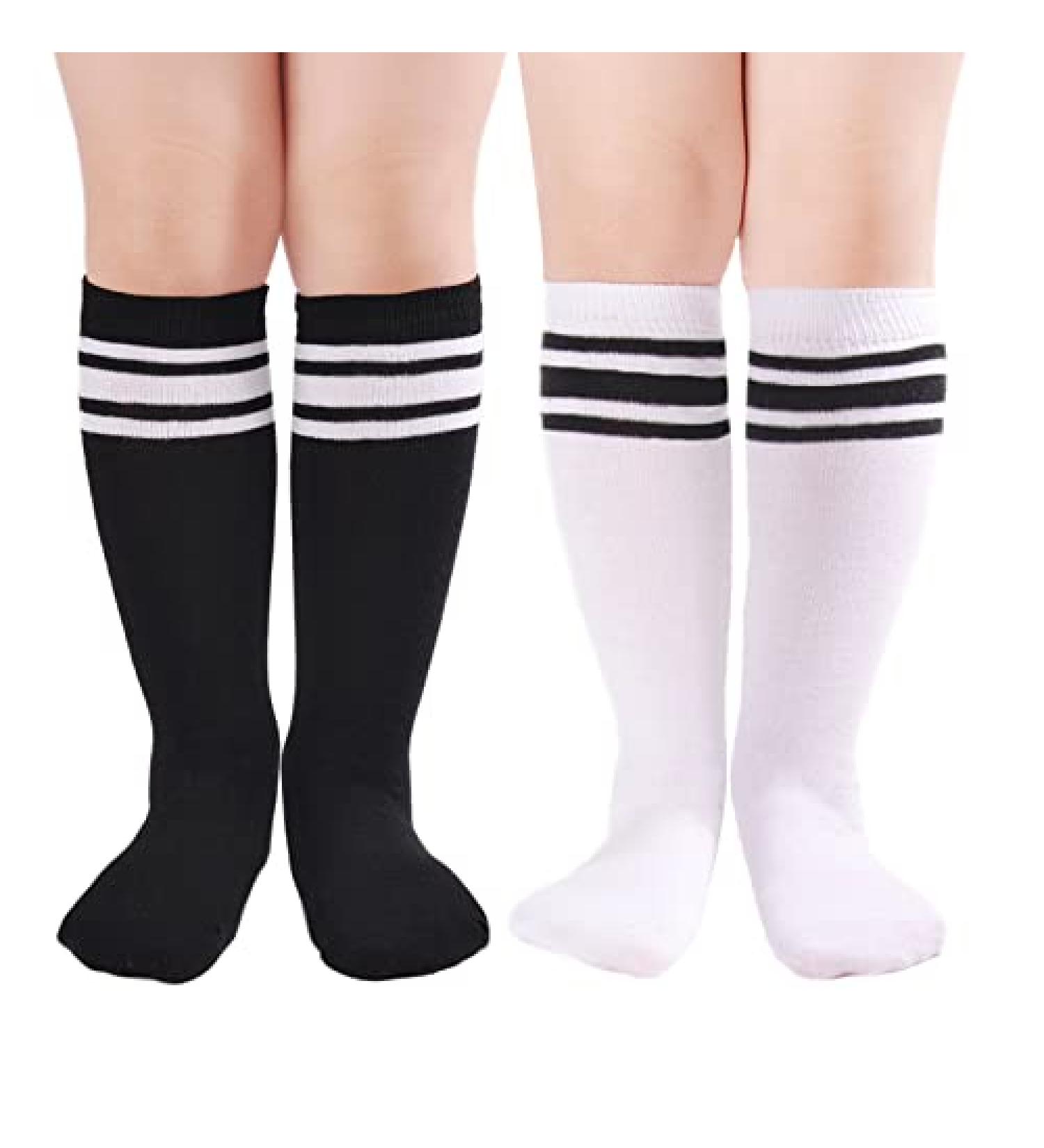 Kids Soccer Socks Toddler Striped Knee High 3-5T Cotton Sports Socks - Black/White (2 Pairs) - Buy Online on SooperMarket.com