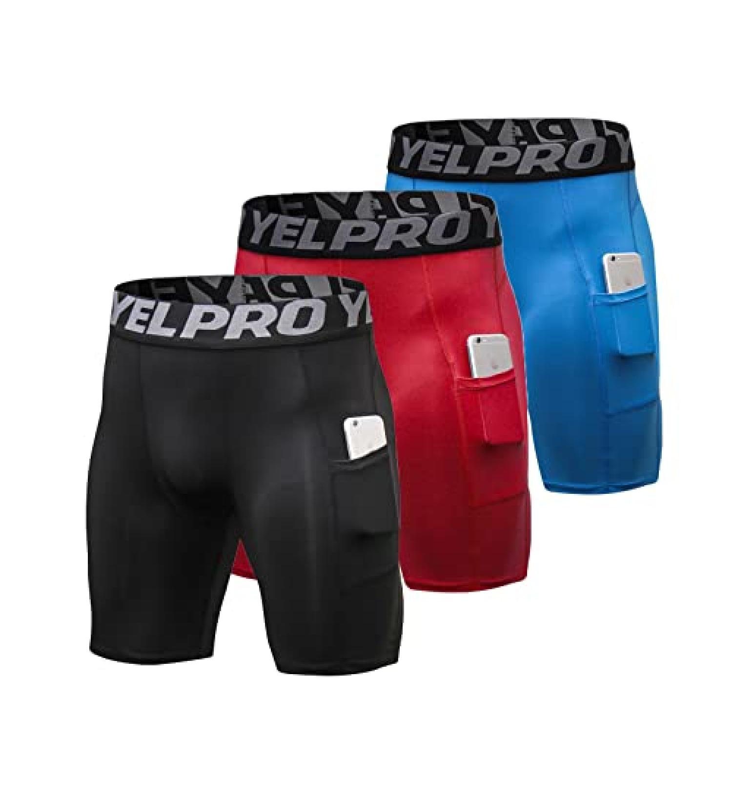 ABTIOYLLZ Men's Compression Shorts 3 Pack - Running Workout Athletic Underwear with Pocket - Black/Red/Blue - Size 84 Large - Buy Online on SooperMarket.com