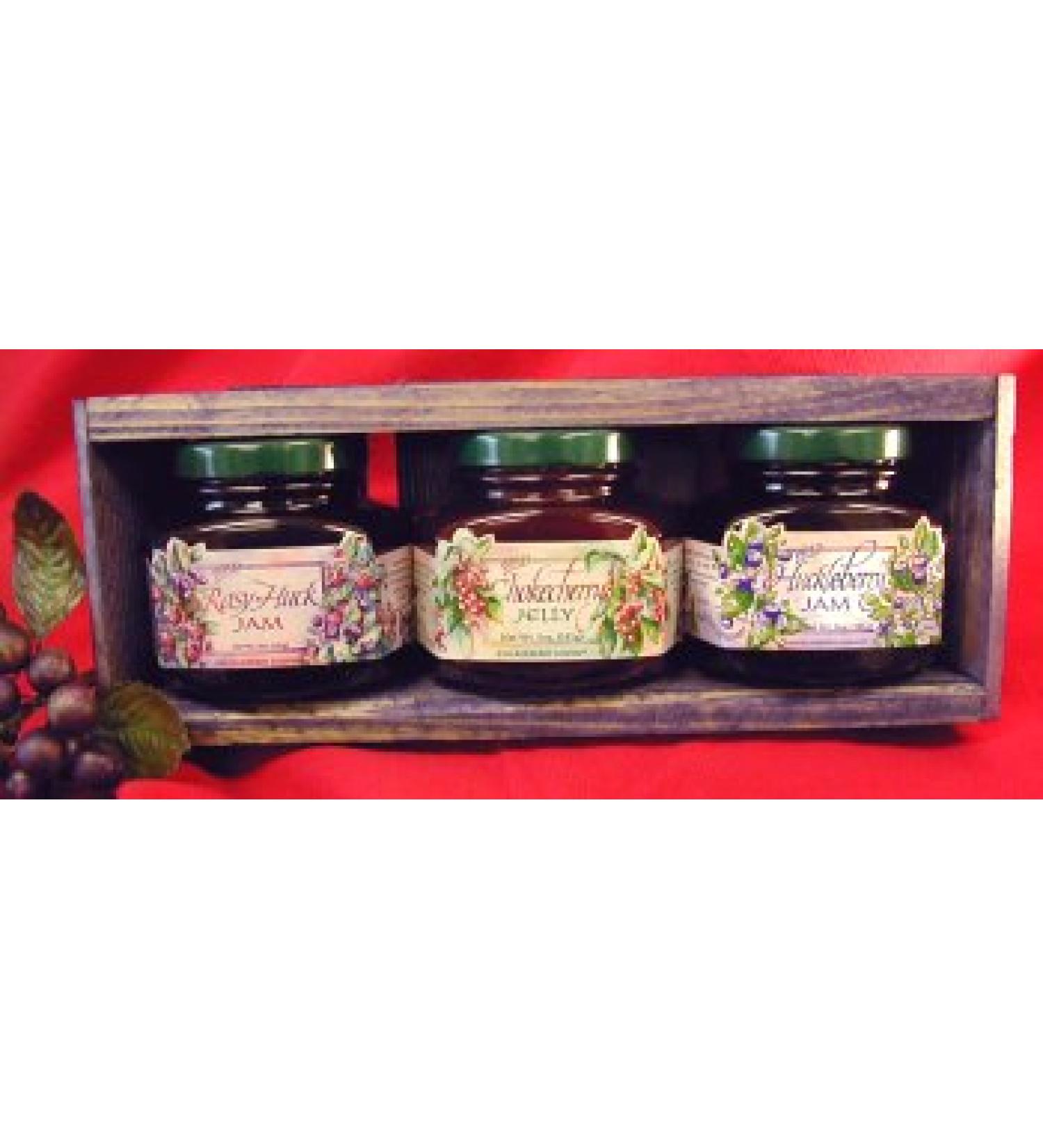Jam & Jelly 3 different 5oz Jar Handcrafted Gift Crate, this Set is from Huckleberry Haven and features Chokecherry Jelly, Huckleberry Jam and Rasy-Huck Jam