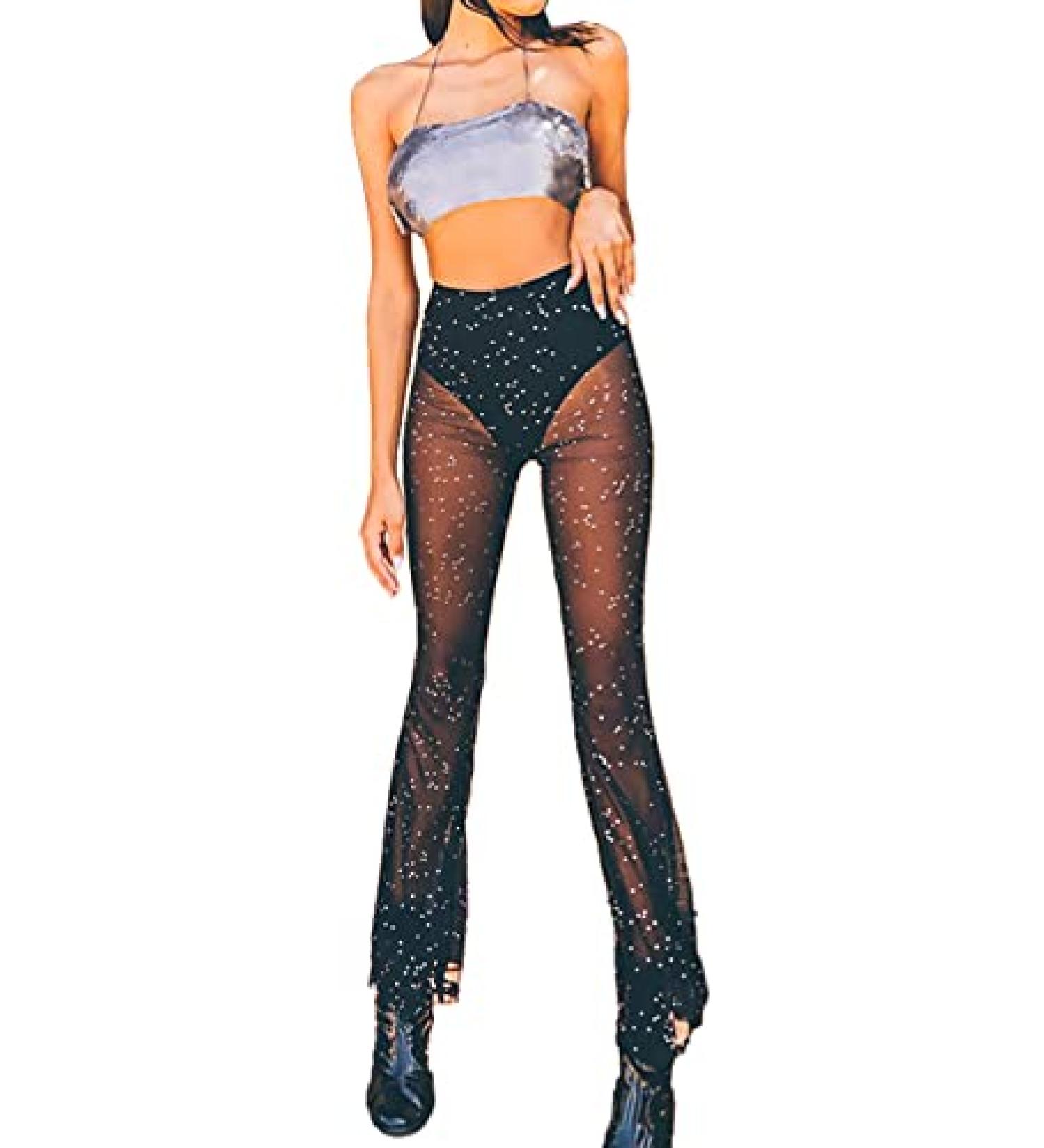 Anlaey Rave Mesh Sheer Dance Pants - Sequin Flared Bell Bottom - High Waist Clubwear for Women (Black, Small) - Buy Online on SooperMarket.com
