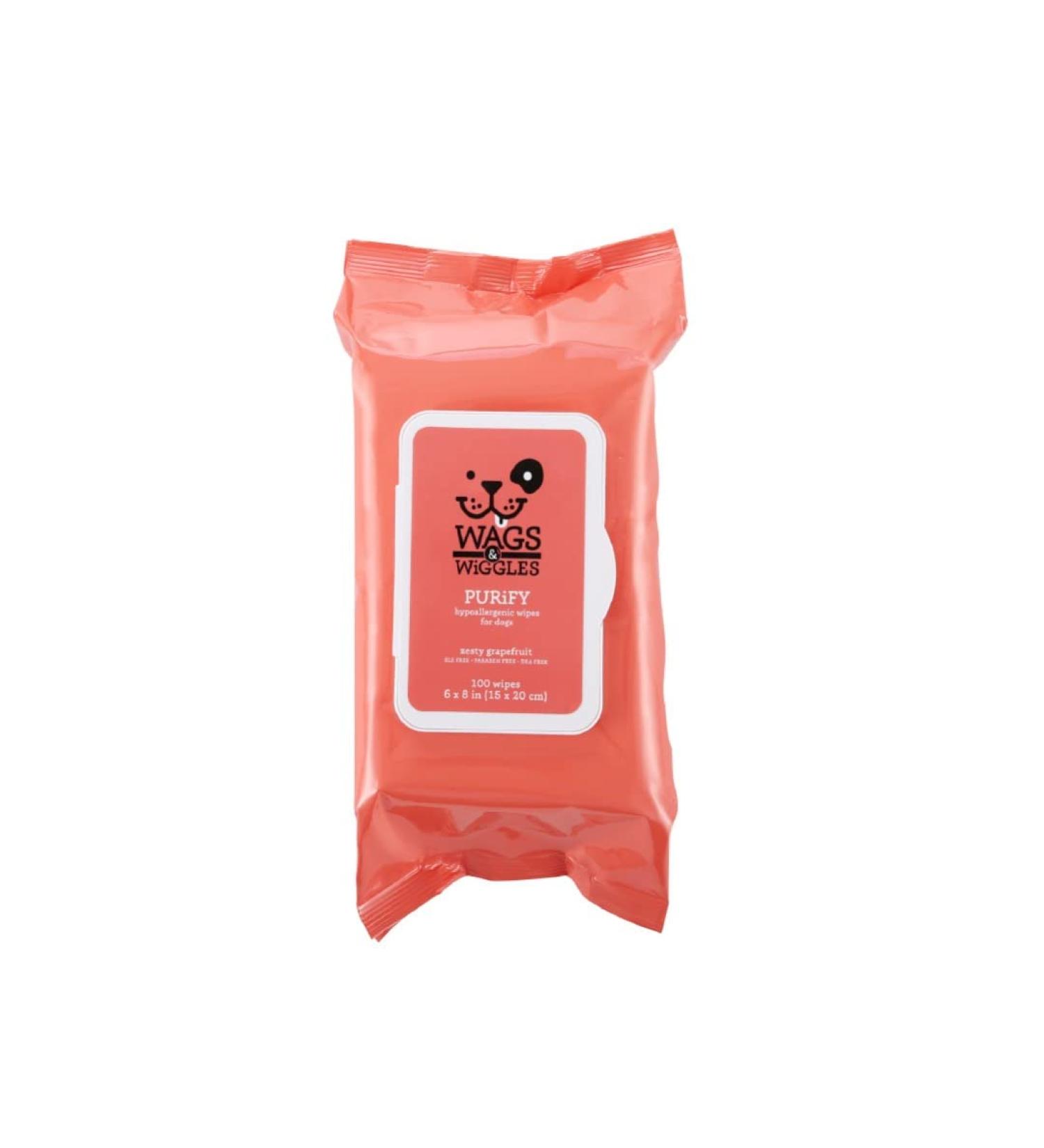 Wags & Wiggles Purify Hypoallergenic Dog Wipes - 100 Count Zesty Grapefruit Scented Pet Wipes - Buy Online on SooperMarket.com