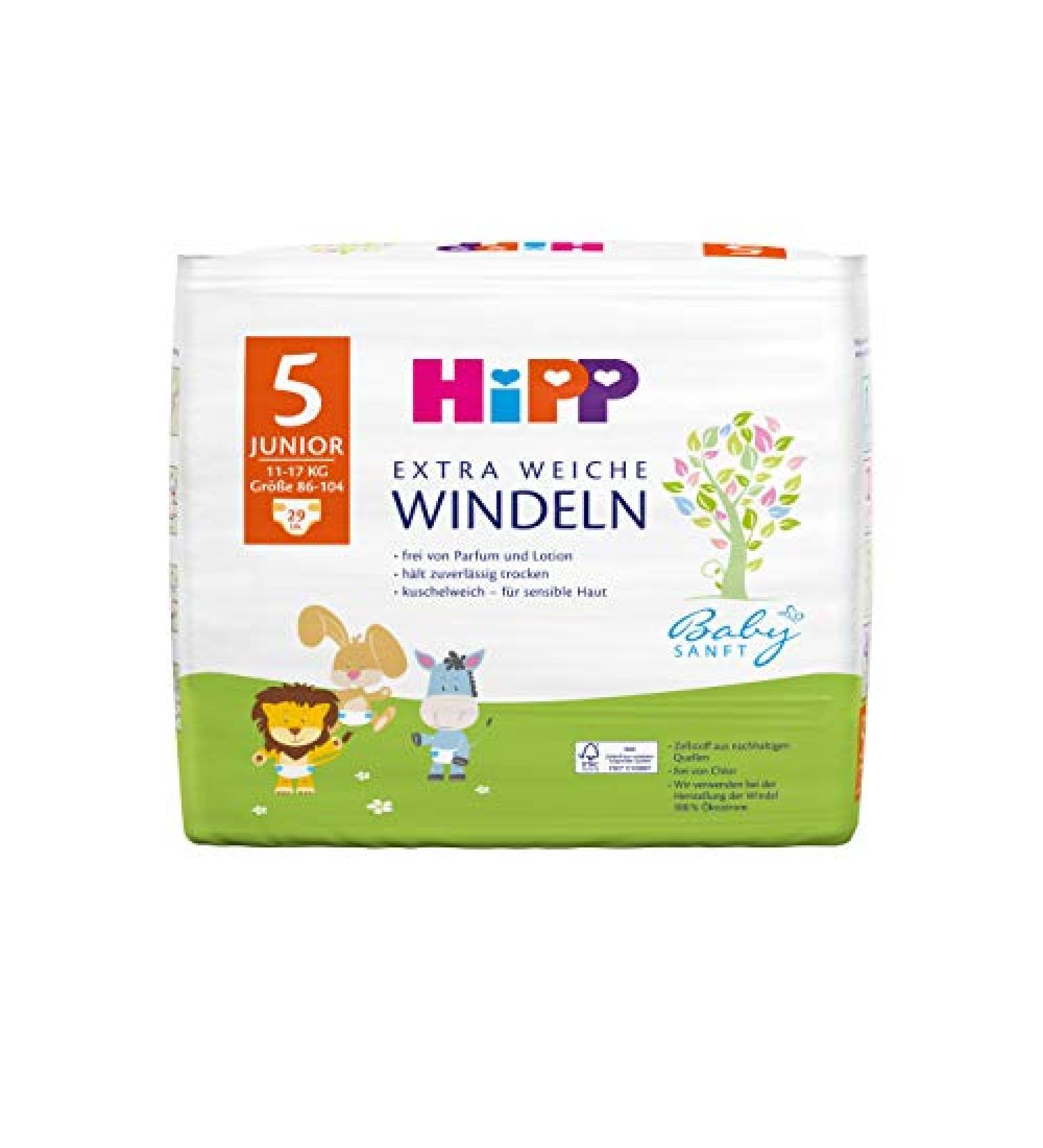 Hipp Babysanft Junior 5 Diapers (11-17kg Size 86-104) - Pack of 6 (174 Pieces) | Best International Shipping - Buy Online on SooperMarket.com