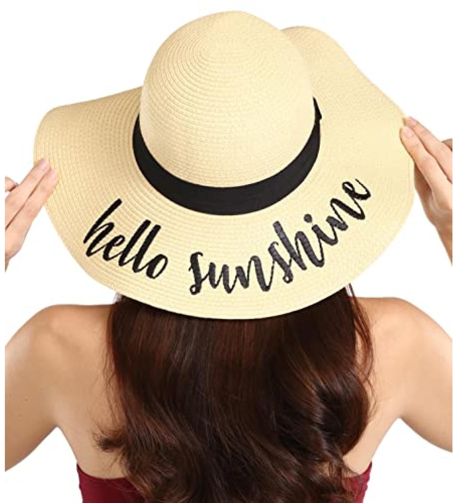 Women's Floppy Beach Sun Hat - Hello Sunshine Embroidered Straw Hat for Vacation & Honeymoon - Foldable Large Brim - Buy Online on SooperMarket.com
