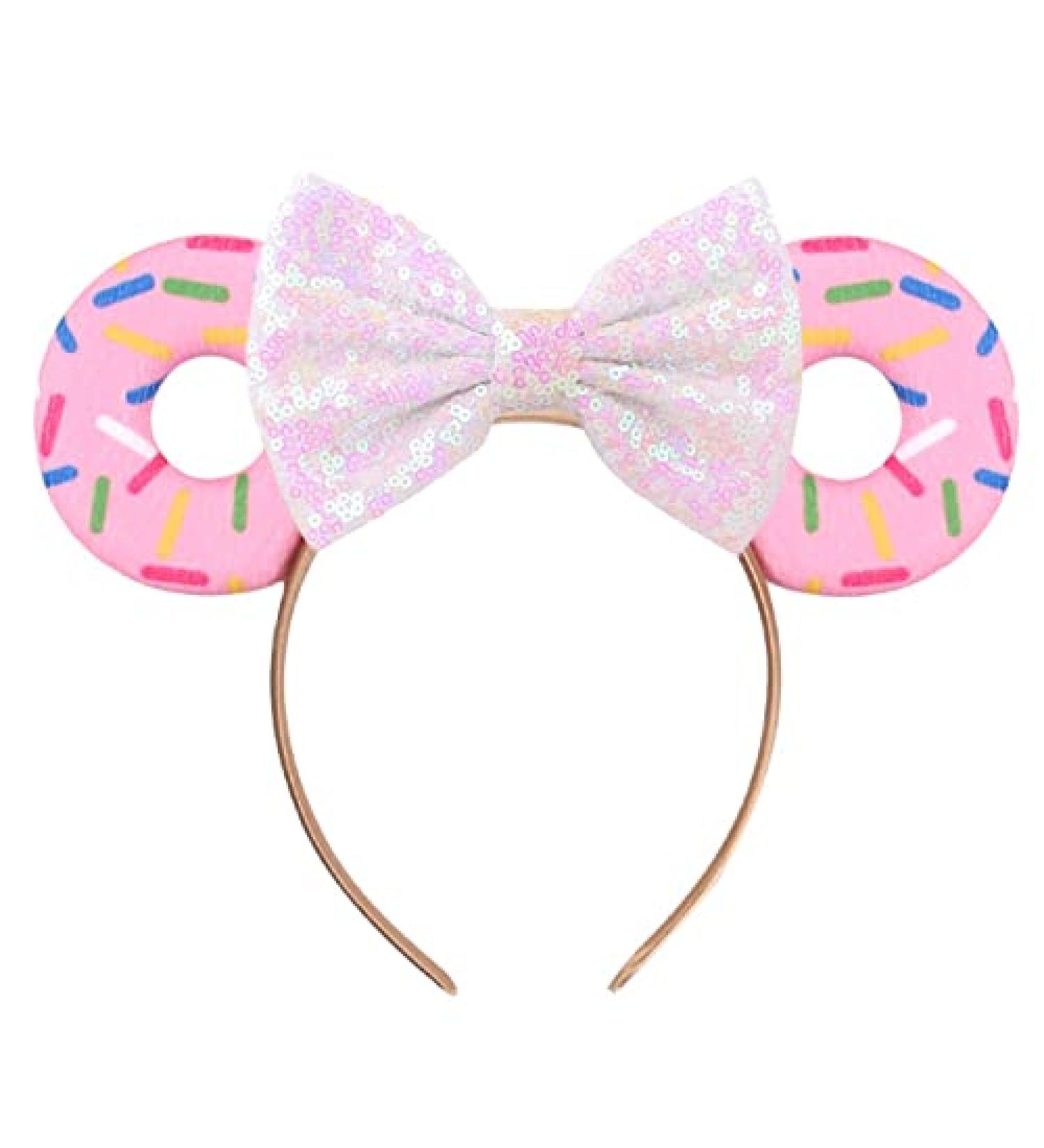 Mouse Ears Bow Headband for Christmas Halloween Disney Party Glitter Sequin Cut Donut Headband Hair Bands Hair Accessories Pink