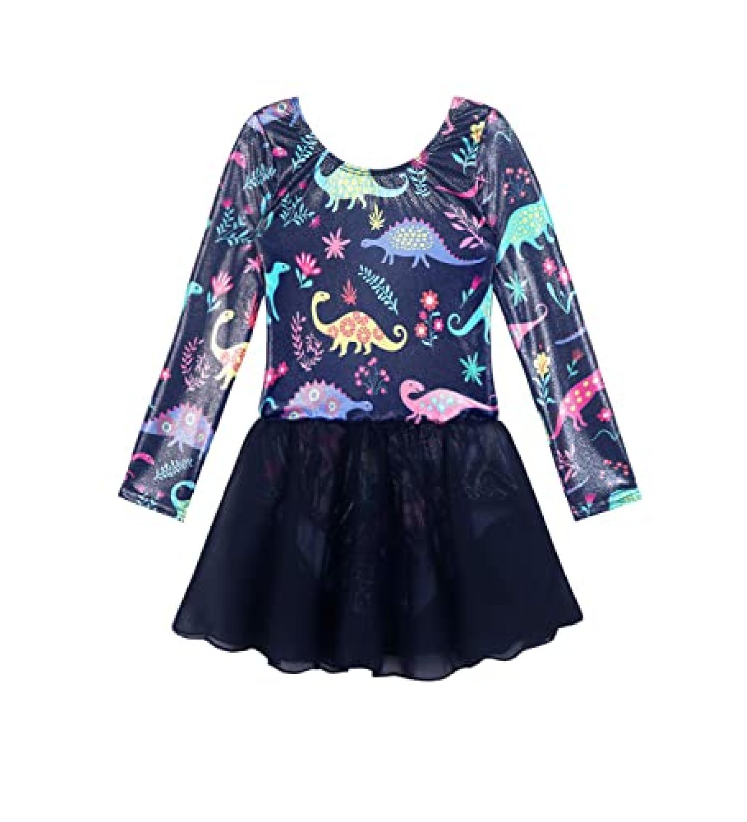 Girls Long Sleeve Skirted Leotard for Gymnastics & Dance | Blue Dinosaur | 2-3T - Buy Online on SooperMarket.com