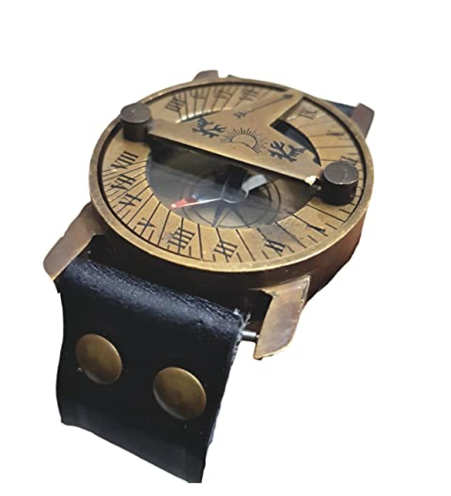 Vintage Antique Sundial Compass with Leather Band - Handmade Nautical Camping and Boating Gift Compass - Buy Online on SooperMarket.com