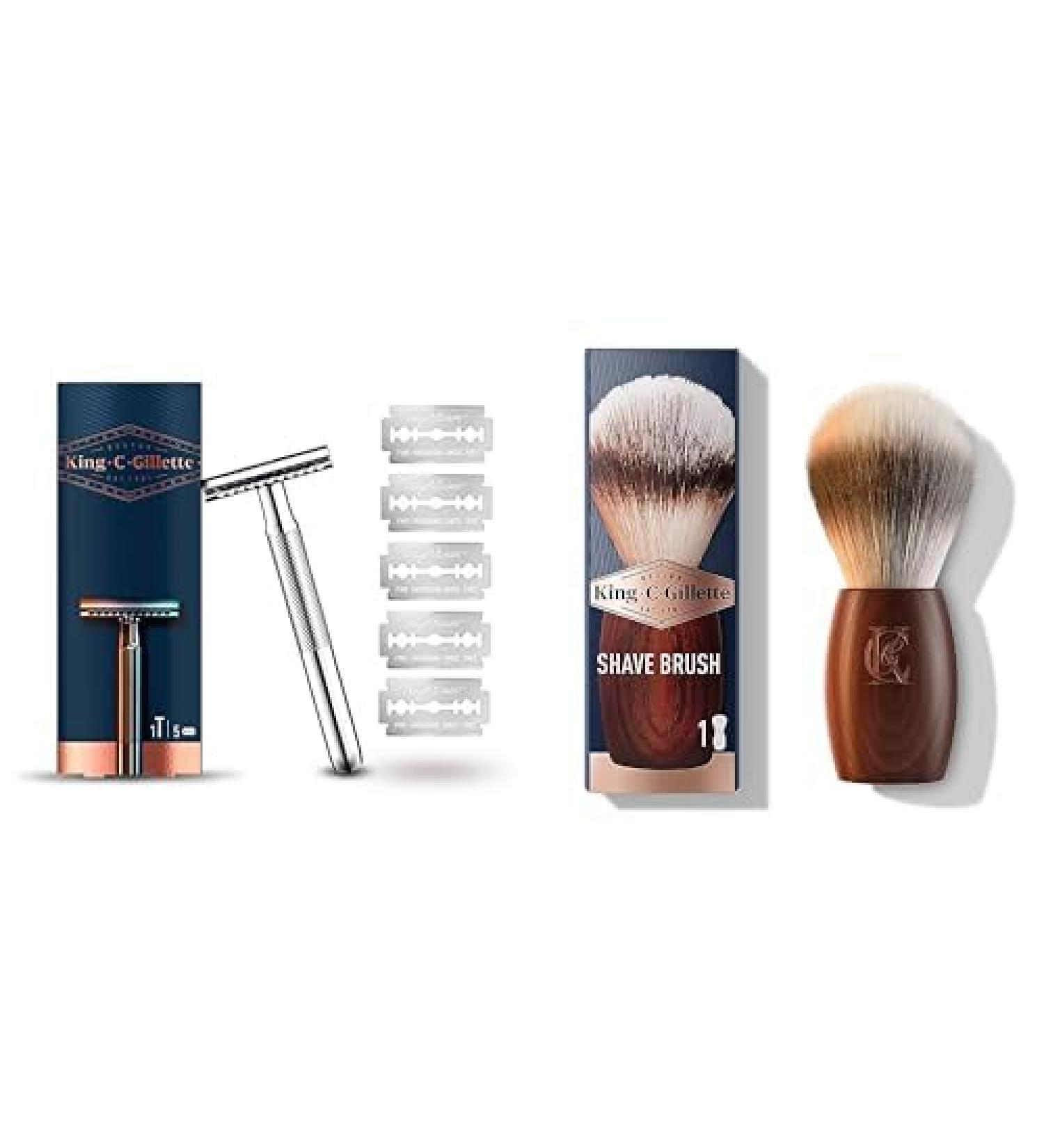King C. Gillette Razor Set for Men | Razor + 5 Blades & Wooden Brush | Premium Shaving Experience & Perfect Gift Bundle - Buy Online on SooperMarket.com