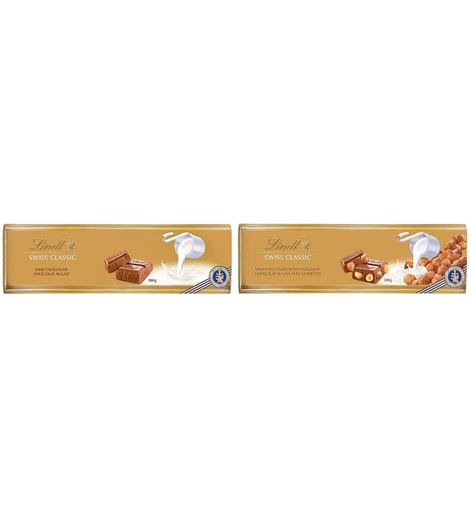 Lindt SWISS CLASSIC Gold Milk Chocolate Bar 300 Grams & Swiss Classic Milk Chocolate With Whole Roasted Hazelnuts - 300g Bar + Milk Chocolate - Buy Online on SooperMarket.com