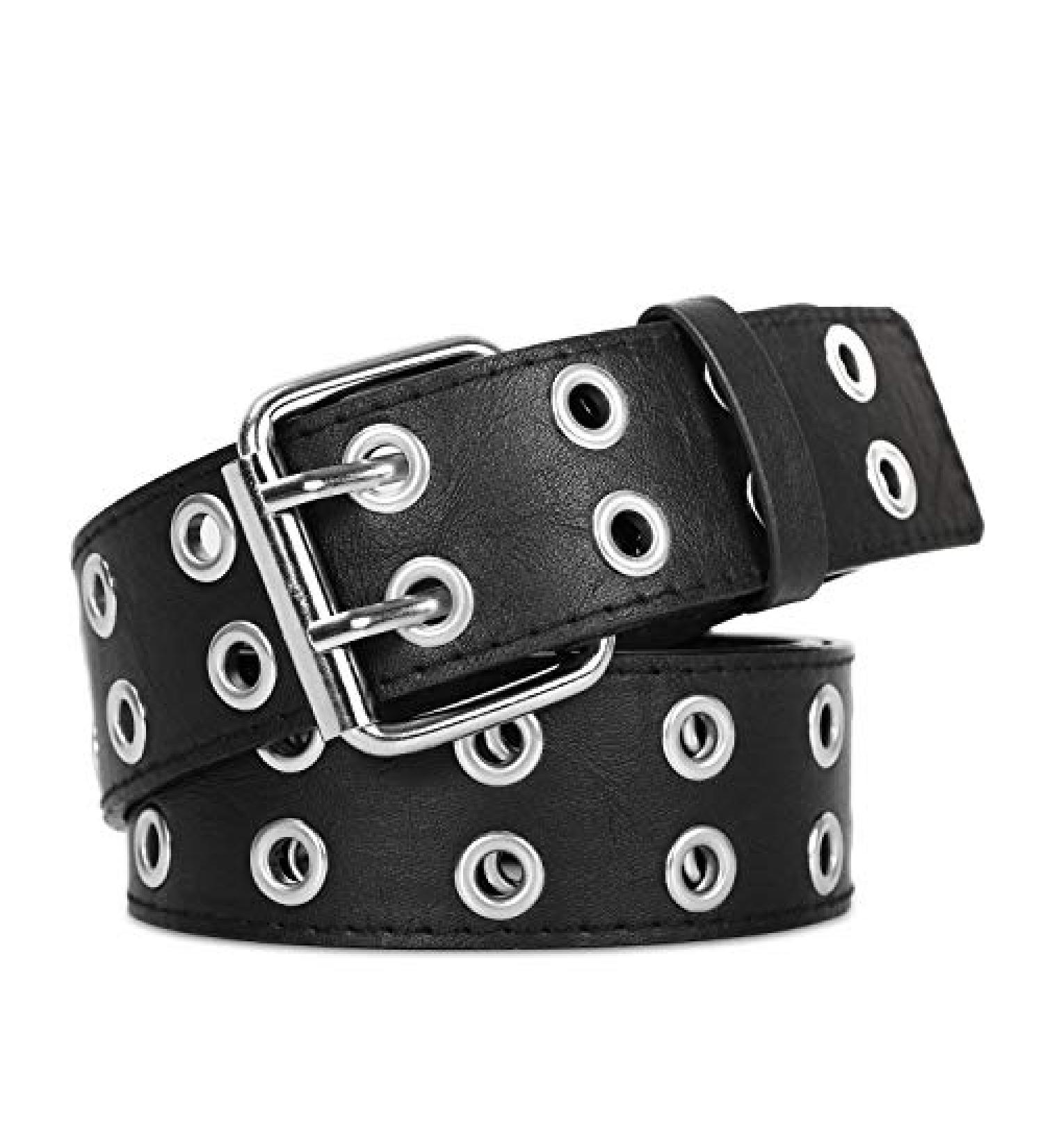 XZQTIVE Double Grommet PU Leather Belt | Wide 1.5 Inch | 01 Black | Fits 22-35inch Pants | Unisex Punk Metal Jean Belt - Buy Online on SooperMarket.com