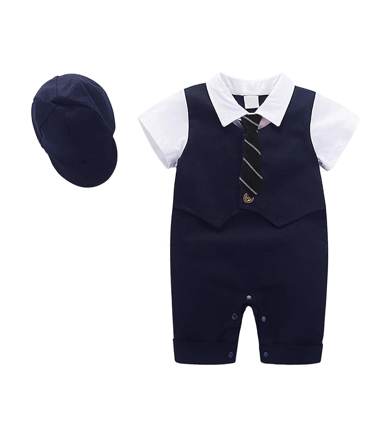 AmzBarley Baby Boys Navy Tuxedo Romper Suit | 18-24 Months | Kids Gentleman Outfit with Shirt, Pants, Vest, and Bowtie - Buy Online on SooperMarket.com