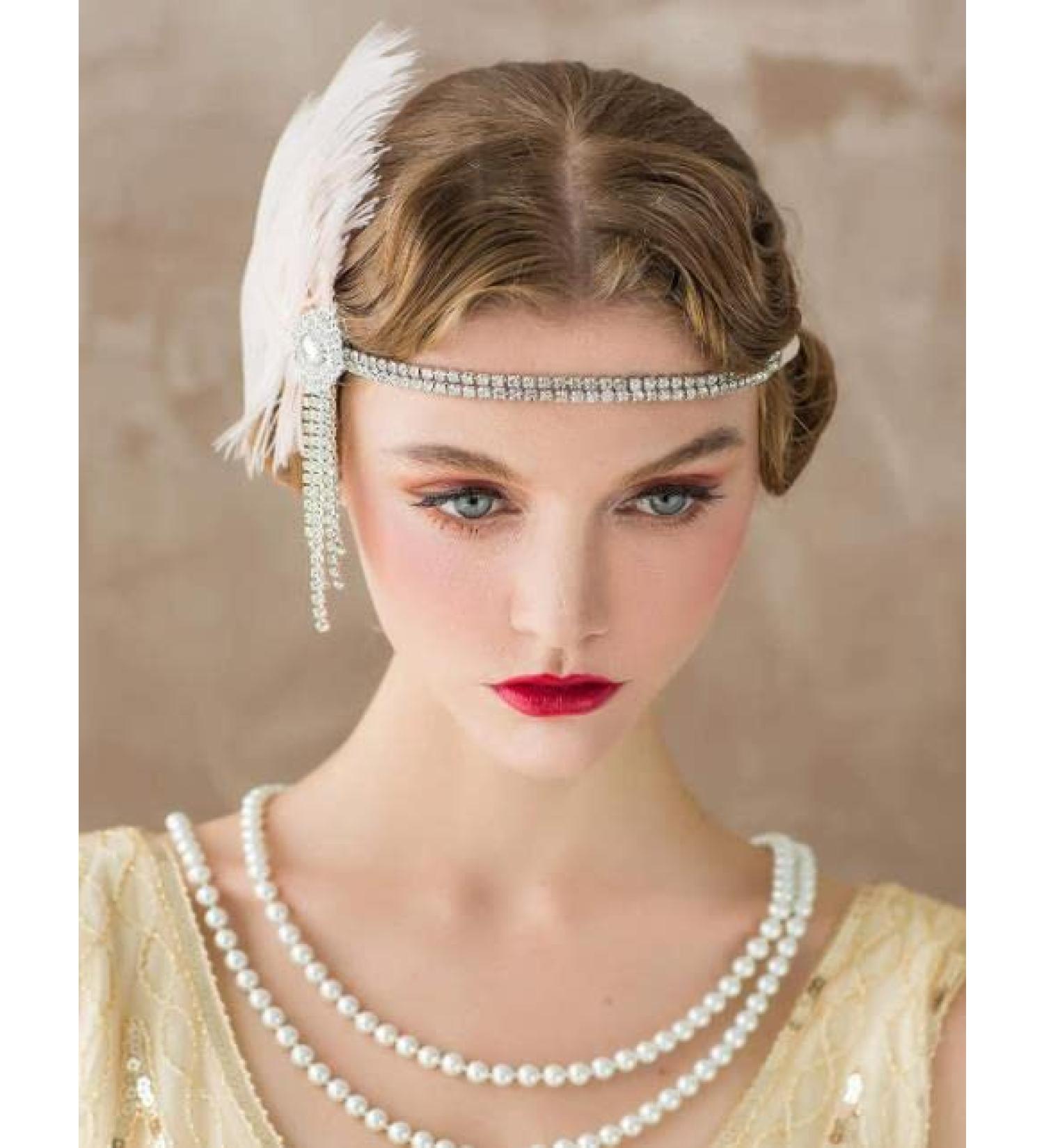 Flapper Headbands Feather Headbands Fascinator Women 1920s Headpiece Gatsby Headpiece Inspired Cocktail Halloween Costume Party Prom Rhinestone Head Band Head Piece Cosplay Headwear Hair Accessories