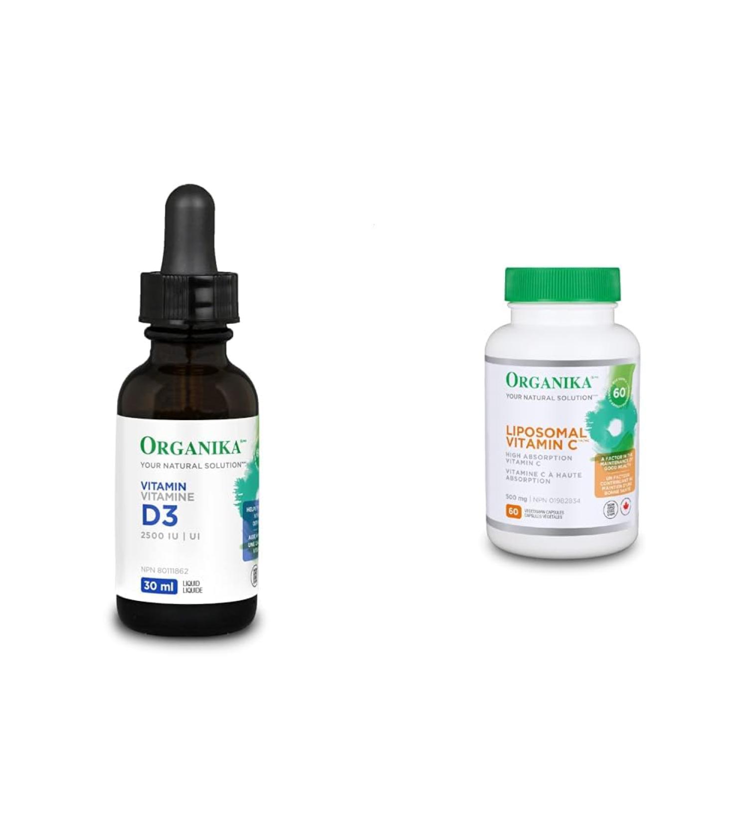 Organika Vitamin D3 Liquid 2500IU- Olive Oil Base Immune System Support- 30ml & Liposomal Vitamin C 500mg- High Absoprtion for Superior Bioavailability Immunity- 60vcaps Nutritional Supplement + Vitamin C 500mg - Buy Online on SooperMarket.com