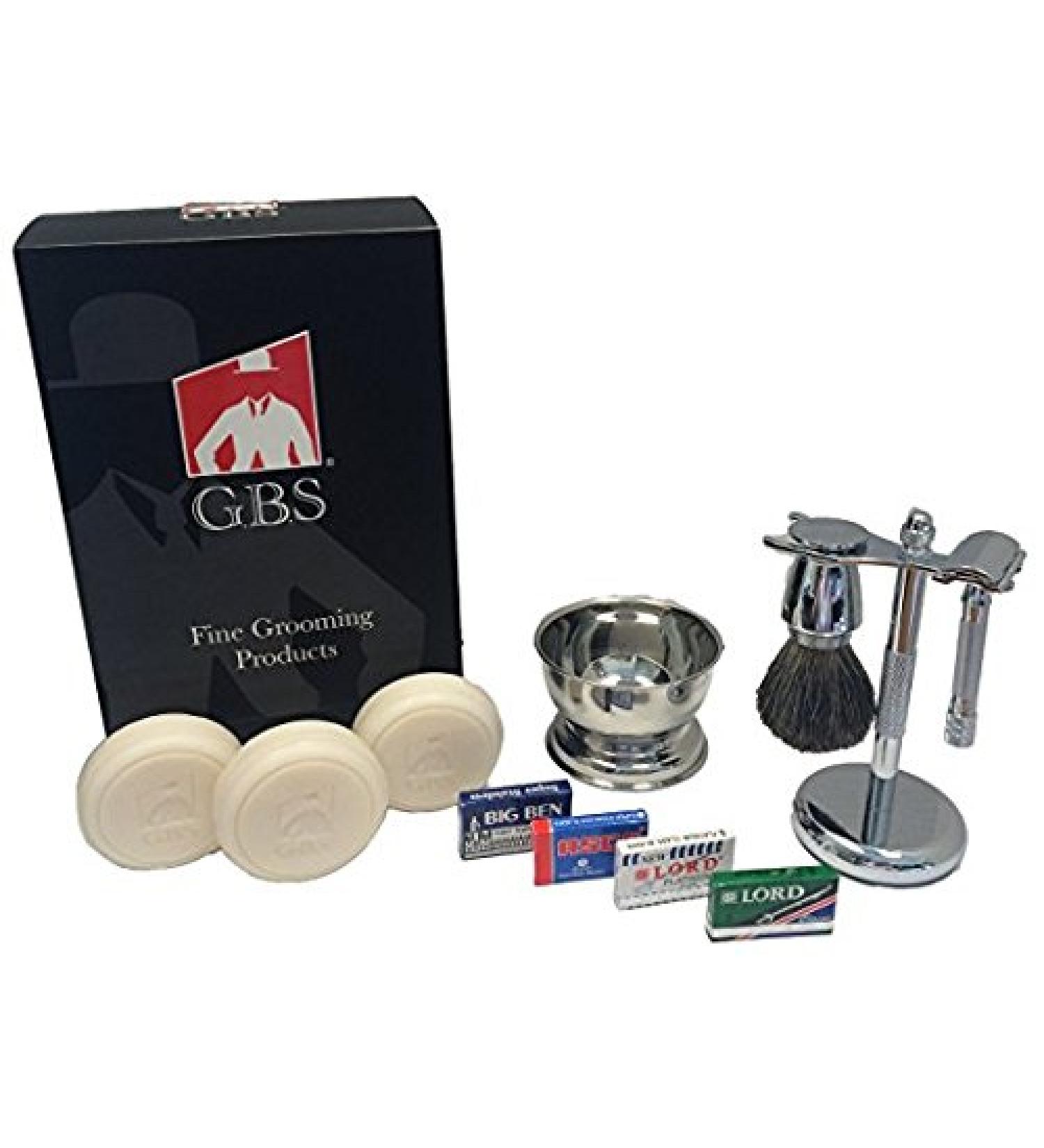 GBS Gift Set - Comes with Gift Box - MK Safety Razor Pure Badger Shaving Brush Brush and Razor Stand Chrome Bowl 3 Pack of GBS Shaving Soap and 25 Blades! - Buy Online on SooperMarket.com