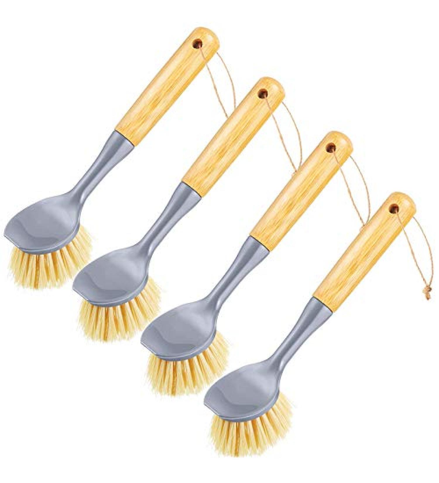 Garta 4 Pieces Long Handle Dish Brush Wooden Dish Brush with Bamboo Handle Bristles Dish Scrubber with Built-in Scraper - Buy Online on SooperMarket.com