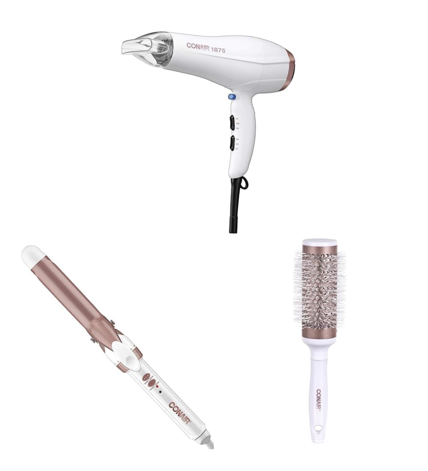 Double Ceramic 1875W Hair Dryer WITH CD701GNC Double Ceramic 1" Curling Iron AND Thermal Round Blow Drying Brush