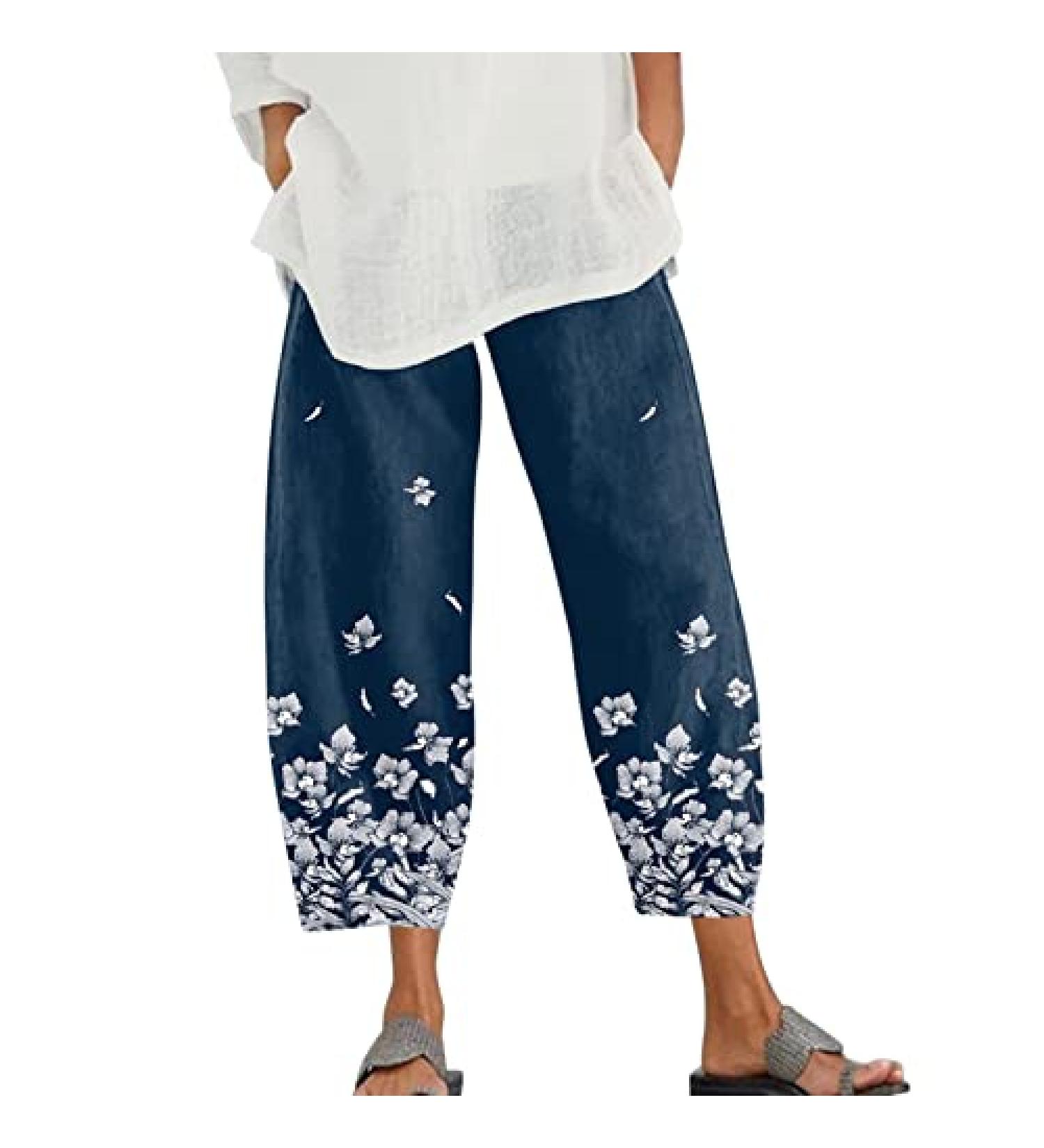 Women's Casual Cotton Linen Palazzo Pants with Pockets - Navy, X-Large - Buy Online on SooperMarket.com