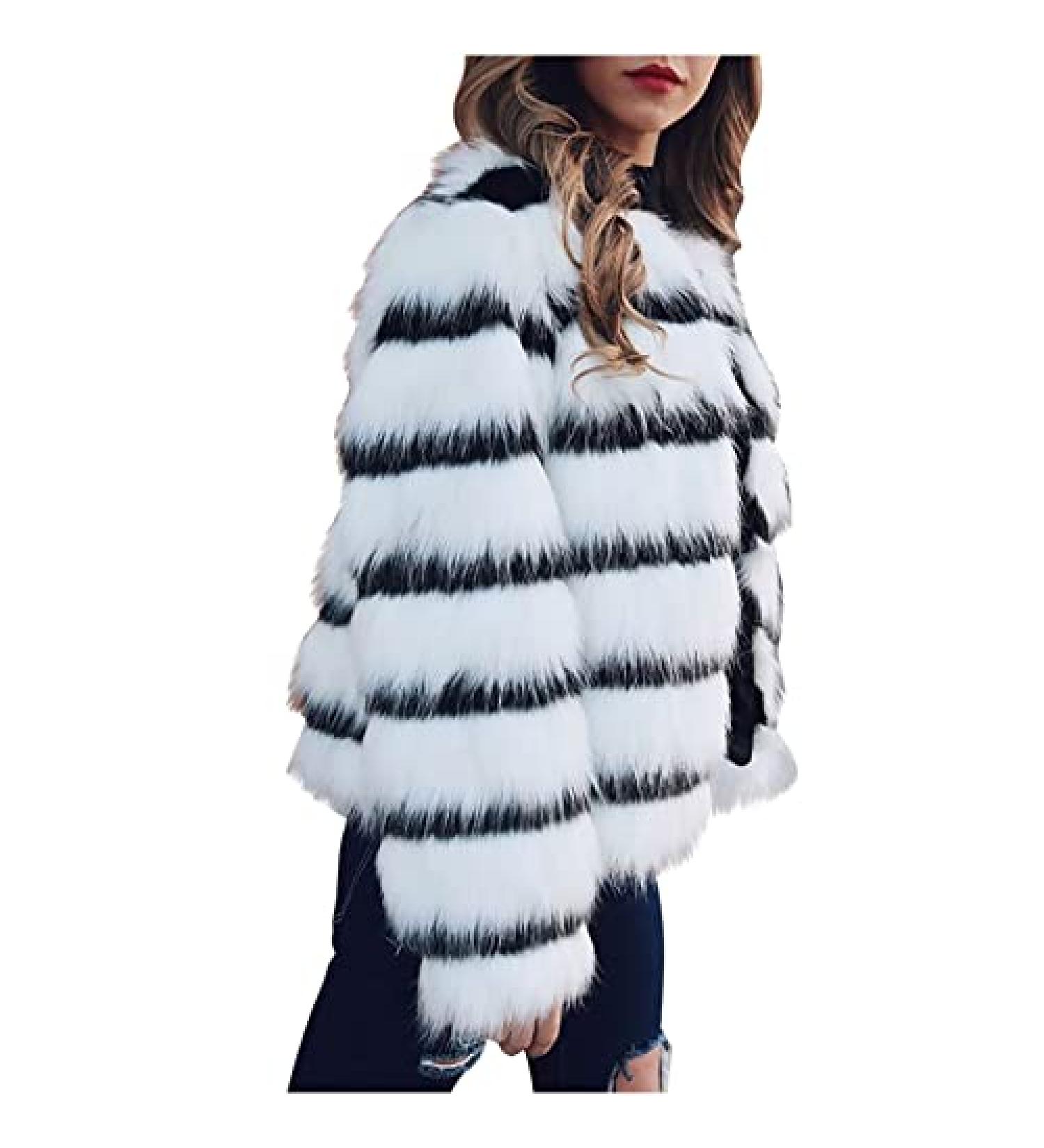 Women's Elegant Cropped Faux Fur Party Coat - Black & White Stripe Colorblock - Size XL - Buy Online on SooperMarket.com