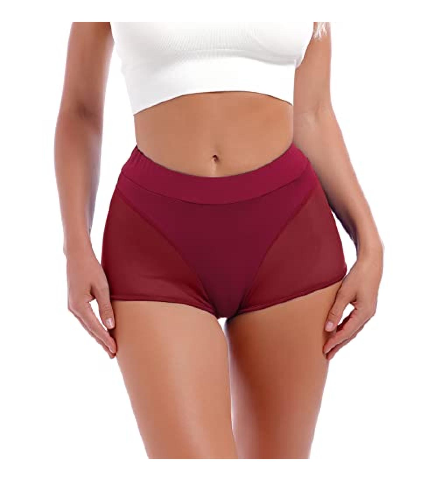 Women High Waist Mesh Tulle Spliced Yoga Shorts in Wine Red - Medium - Buy Online on SooperMarket.com