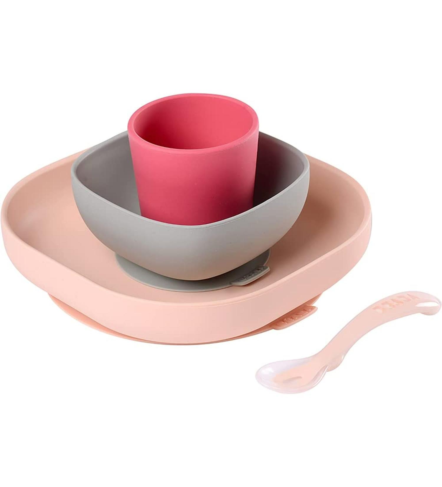 Baba Silicone Feeding Set - Plate, Bowl, Cup, Spoon - Strong Suction Pad - Pink - Baby & Children - 4 Piece Meal Set - Buy Online on SooperMarket.com