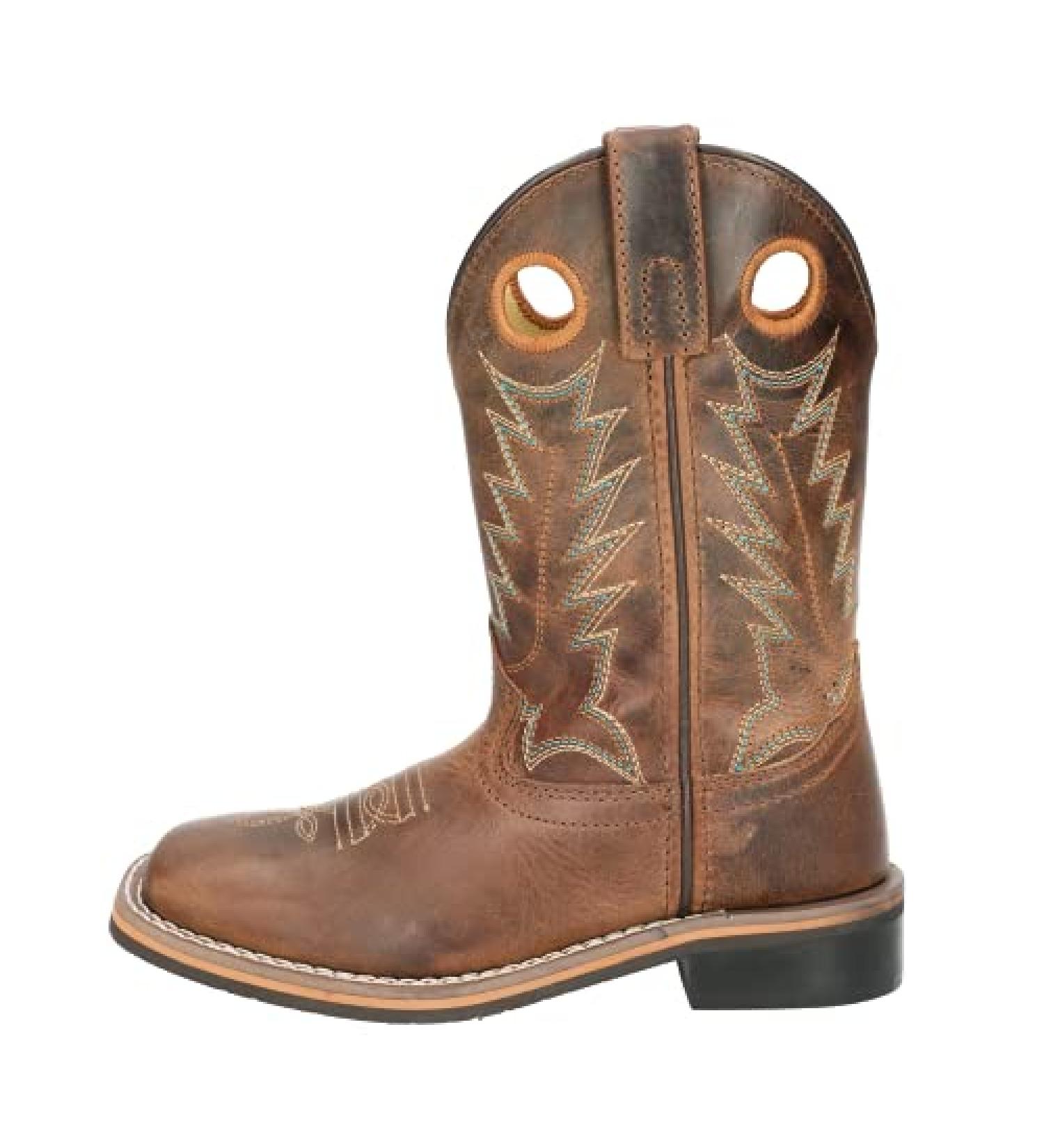 Smoky Mountain Jesse Youth Western Boots - Brown Waxed Distress | Square Toe Genuine Leather | Rubber Sole | Block Heel | Size 4.5 Big Kid - Buy Online on SooperMarket.com