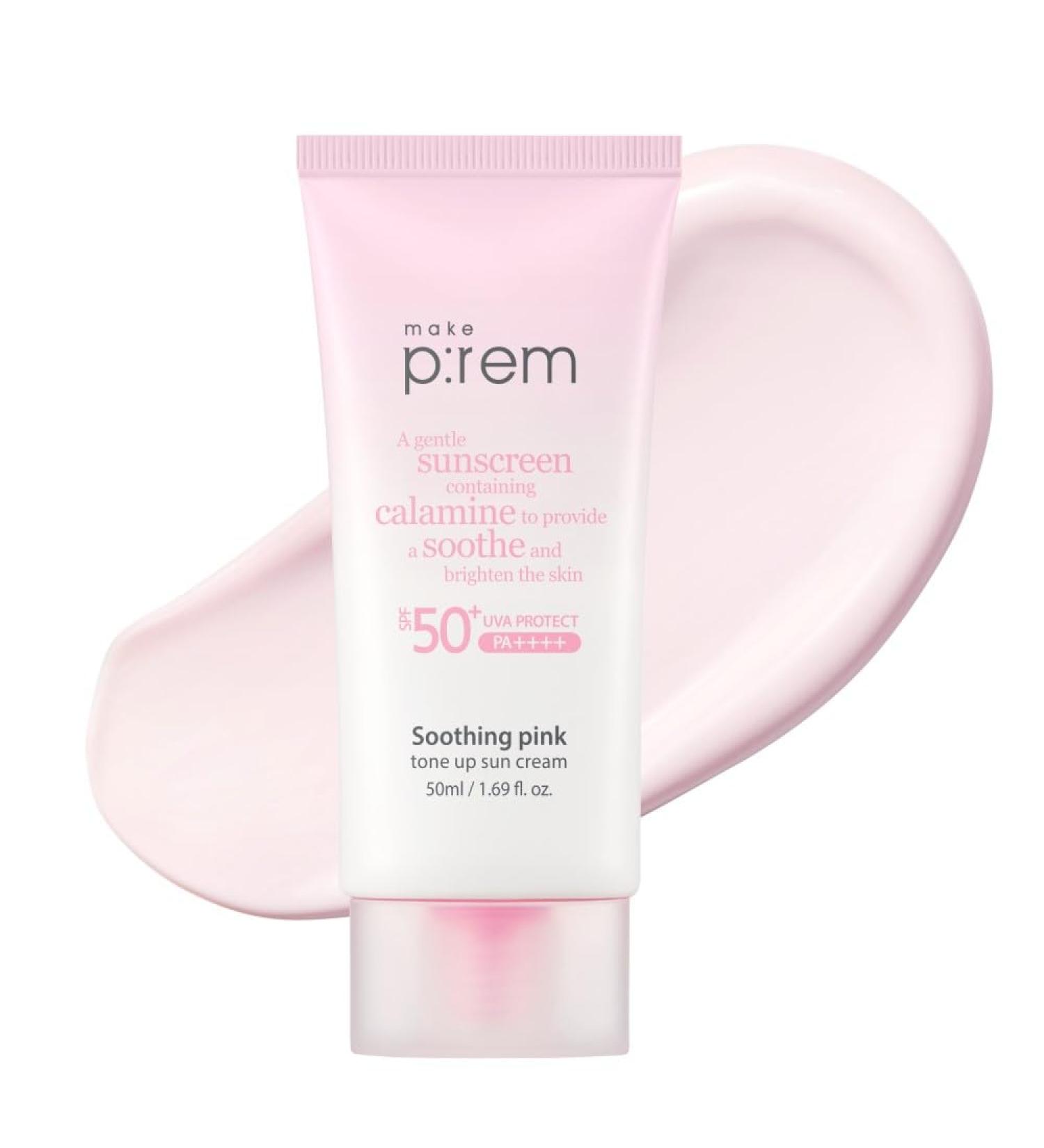MAKE P:REM Soothing Pink Tone Up Sun Cream - SPF 50 Mineral Sunscreen for Dehydrated Skin | Lightweight Non-Greasy Korean Formula - 1.69 Fl. Oz (50ml - Buy Online on SooperMarket.com