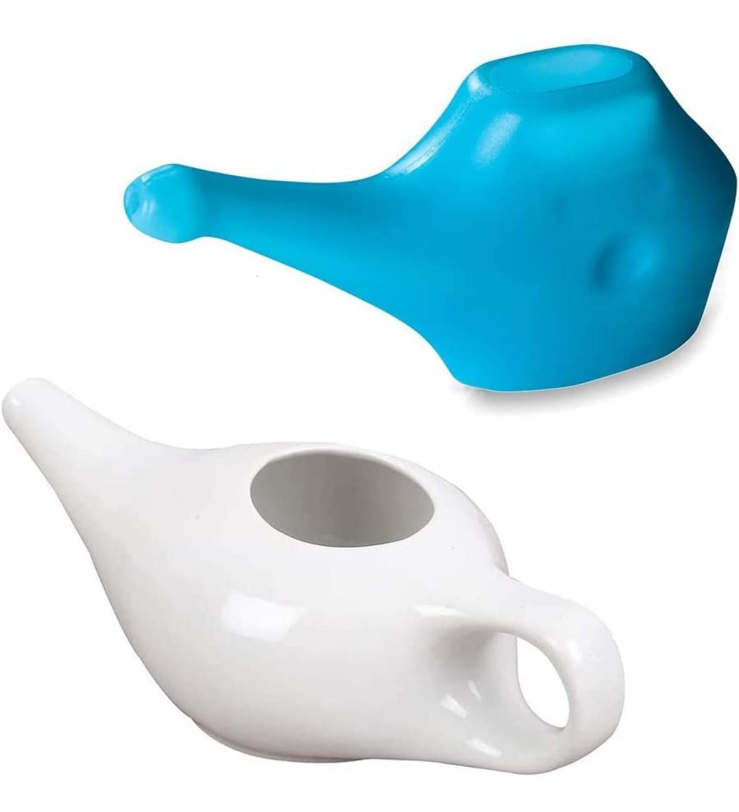 Qimacplus Leak Proof Neti Pot Hold 230 Ml Ceramic and 150 Ml Plastic Water Comfortable Grip | Dishwasher Safe Friendly Natural Treatment for Sinus and Congestion White and Blue - Buy Online on SooperMarket.com