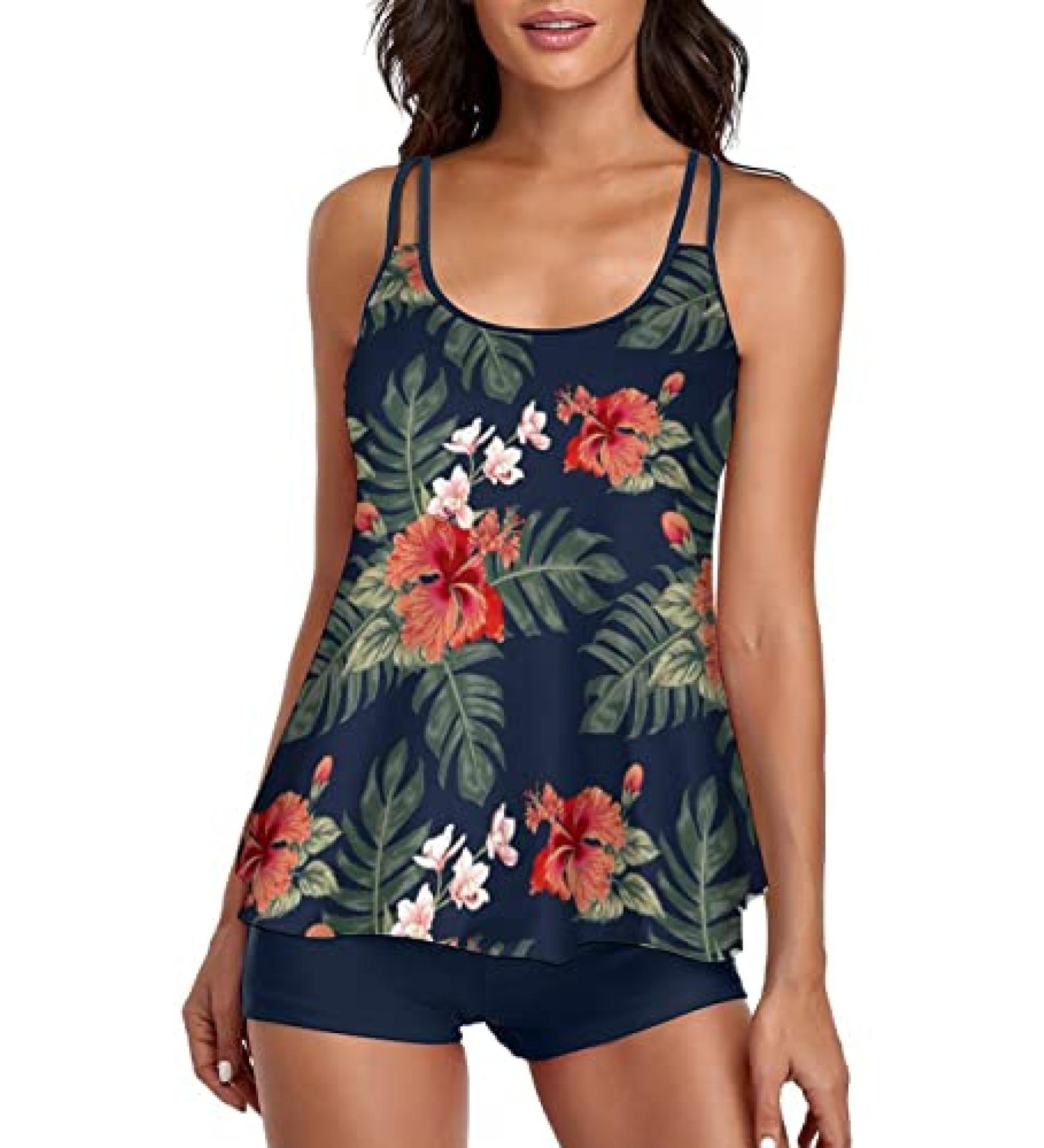 UNIQWETO Flowy Tankini Bathing Suit Set - Tummy Control Swimsuit for Women - Navy & Red Floral - Large - Buy Online on SooperMarket.com
