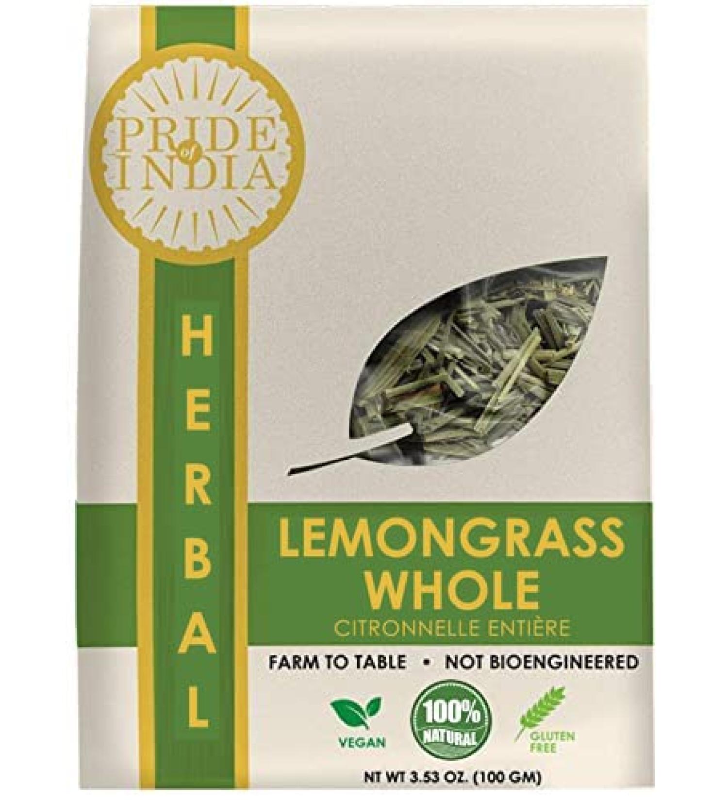Pride Of India - Natural Dry Indian Lemongrass Herb 3.53oz (100gm) Full Leaf - Certified and Authentic Indian Herb - Perfect for Cooking Soups Salads Marinades 50+ Servings