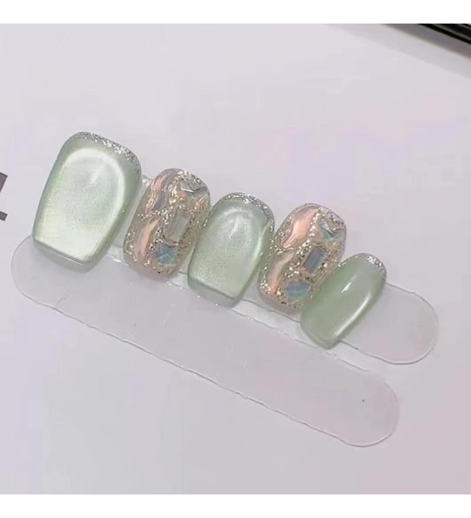 Senvenski Short Coffin Press On Nails Jelly Green Glitter Cat Eye Magnetic Holographisch Fake Nails Shimmery Acrylic Nails Full Cover with Nail Glue for Women and Girls (CD052) - Buy Online on SooperMarket.com