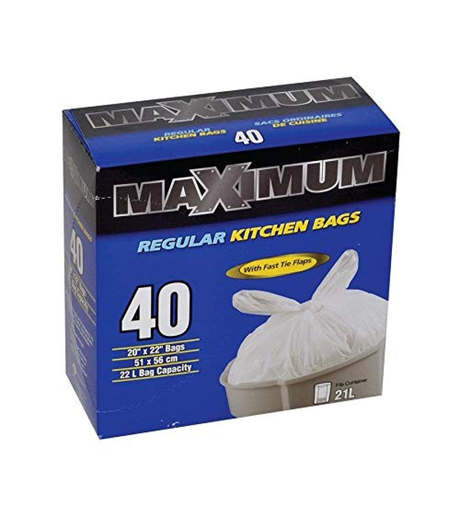 Maximum White Kitchen Garbage Bags 20"x 22" Inch (51 x 56 cm) 40 Trash Bags with Fast Tie flaps