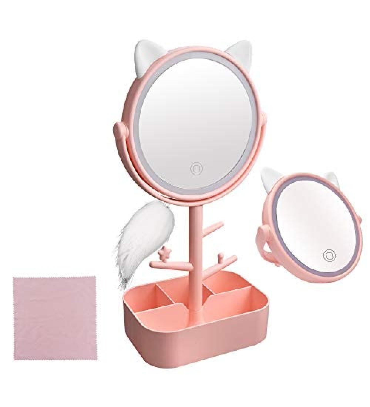Touch-Screen Vanity Mirror with Lights & Desk Mirror Lights, Portable HD Cosmetic Lighted Mirror - Pink - Buy Online on SooperMarket.com