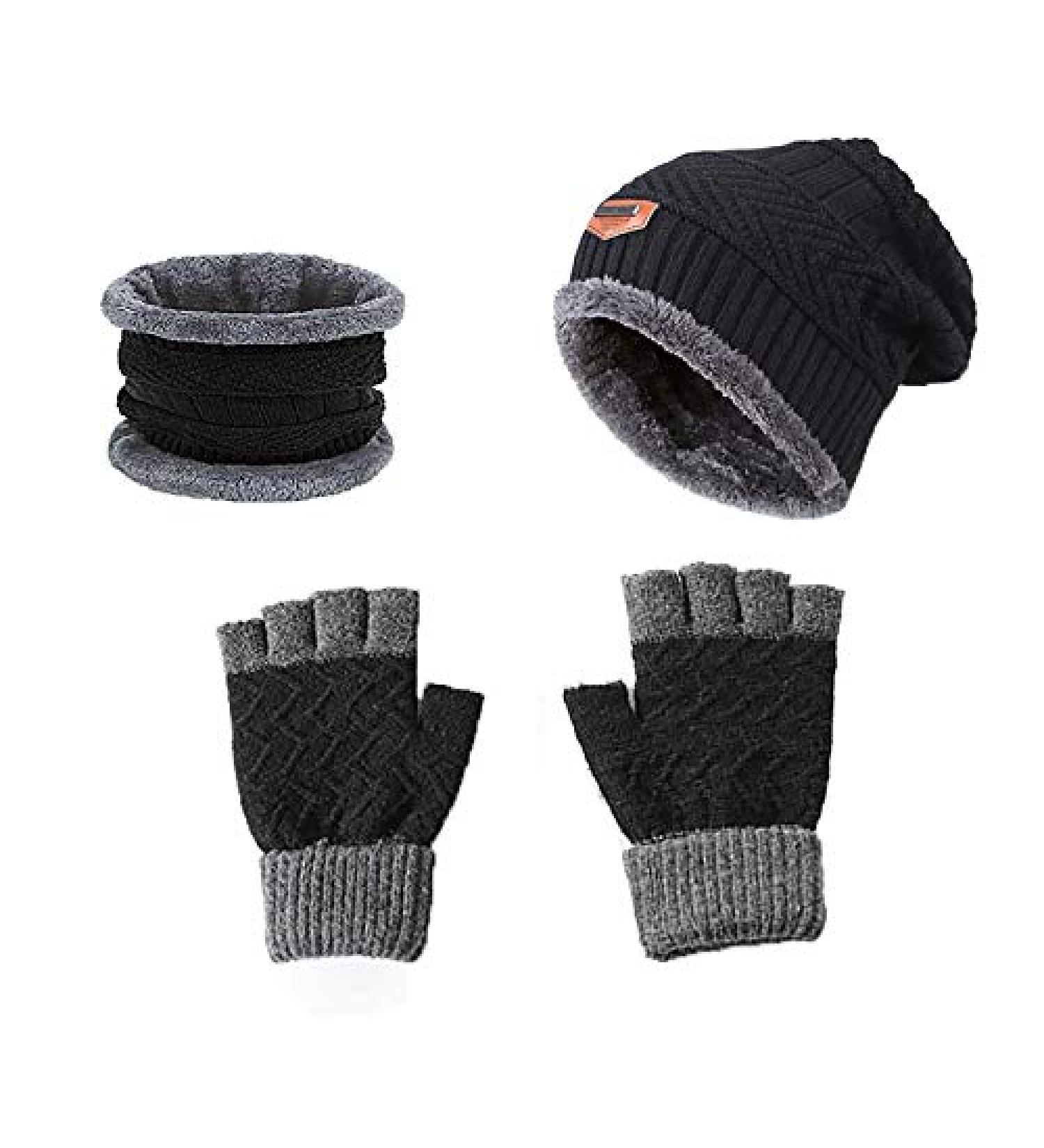 UNIROSE Winter Knitted Beanie Hat Gloves Scarf Set - Touchscreen Thermal Fleece - H30 Black - Buy Online on SooperMarket.com