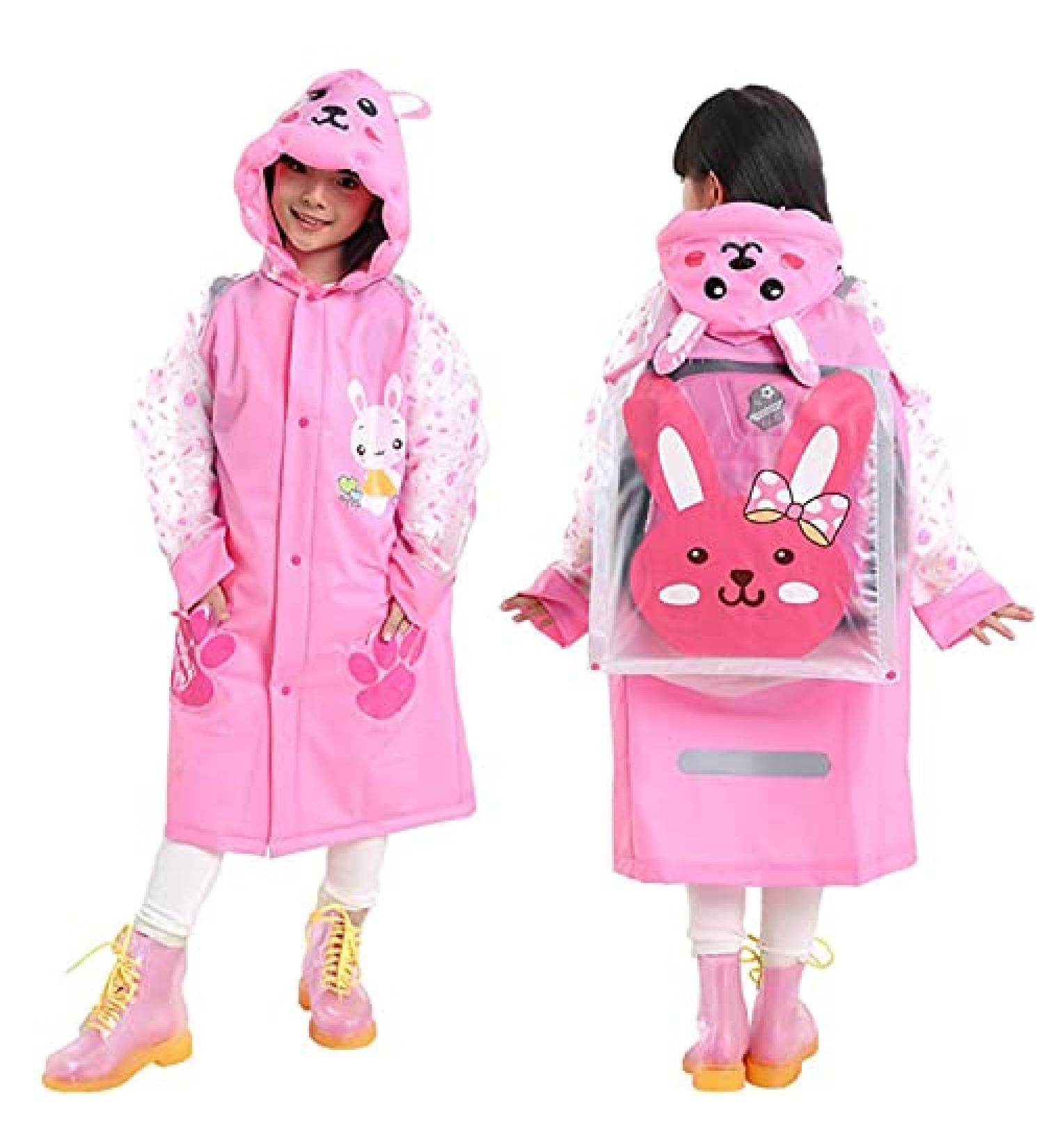 QTECLOR Kids Raincoat Jacket Age 6-13 | Cartoon Rain Poncho with School Bag Cover - Buy Online on SooperMarket.com