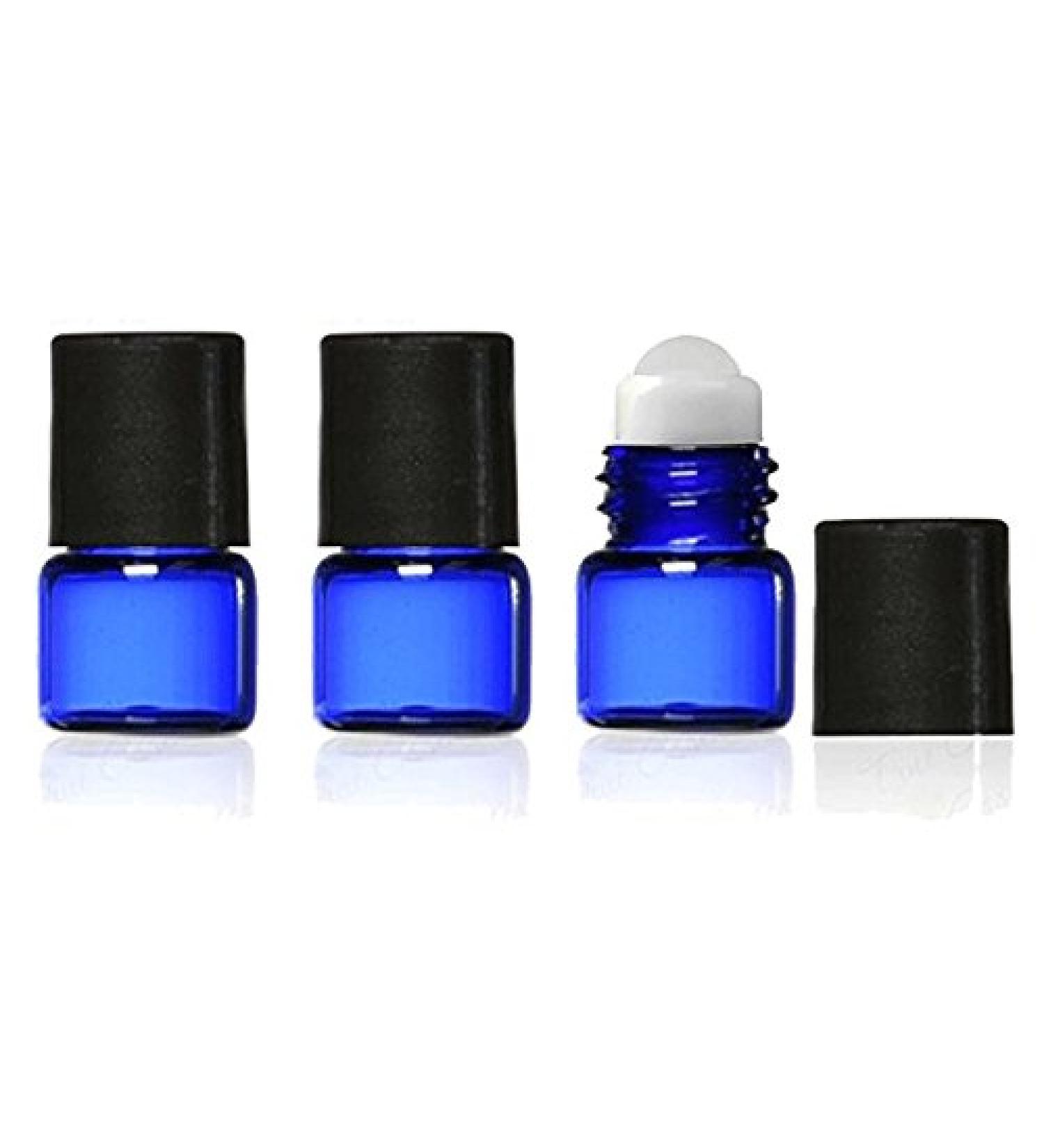 Grand Parfums Empty 1ml COBALT BLUE Micro Mini Rollon Dram Glass Bottles with Glass Roller Balls - Refillable Aromatherapy Essential Oil Roll On - Bulk - 1/4 Dram Pack of 12