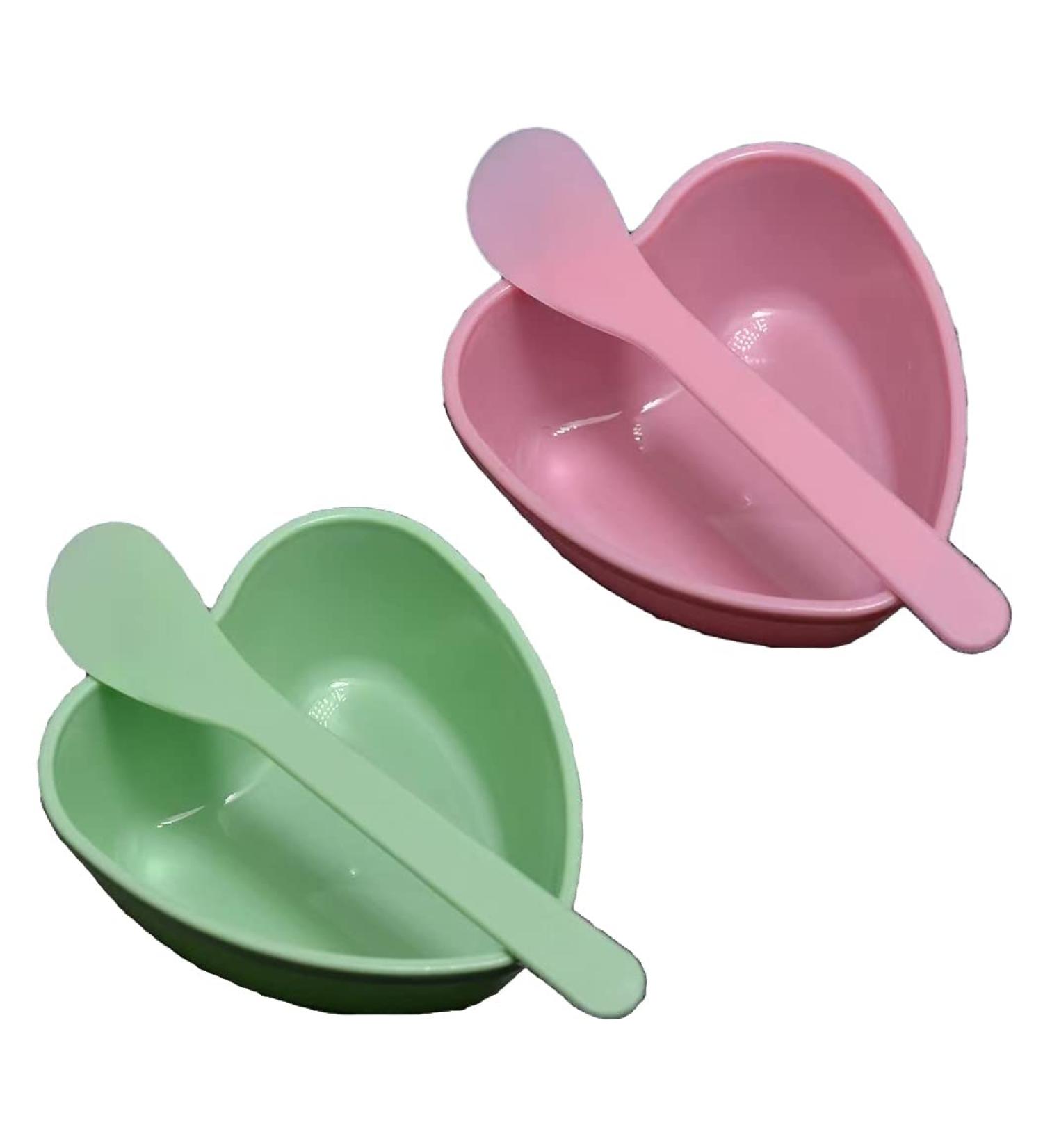 2 Sets Plastic Heart Shaped Facial Mask Mixing Bowl & Spatula - DIY Skin Care Kit for Women - Beauty Salon Essential - Pink & Green - Buy Online on SooperMarket.com