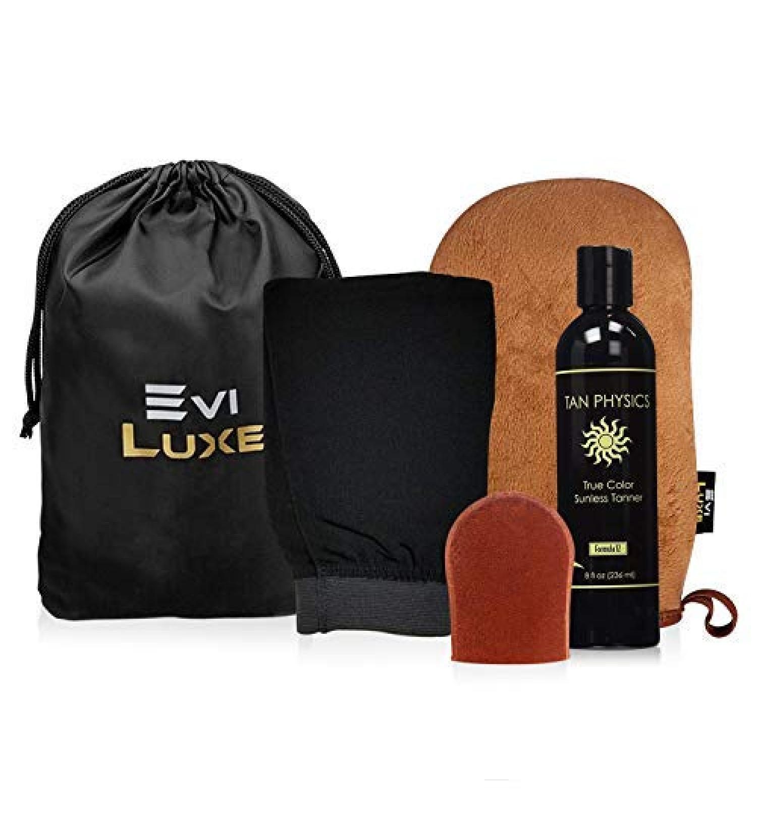 Tan Physics & EviLuxe Deluxe Tanning Mitt Bundle (5pcs)   Face & Body Tanner Mitts  Exfoliation Glove  Storage Bag & 8oz True Color Sunless Tanning Lotion   For Flawless Sun Kissed Skin All Year Long