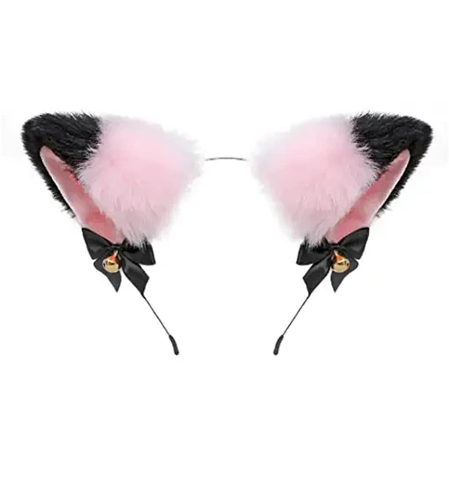 Cat Ears Bell Headband Folding Ear Powder Plus Black Gold Bell Bow Headband Fox Ear Accessories Cute Plush Headgear for Halloween Cosplay Costume Party Dress Girls - Buy Online on SooperMarket.com