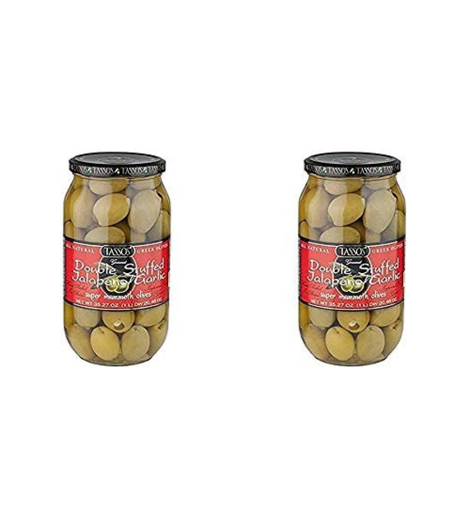 2 Pack Of Tassos All Natural Double Stuffed Jalapeno And Garlic Super Mammoth Olives (2X35.27 oz.)