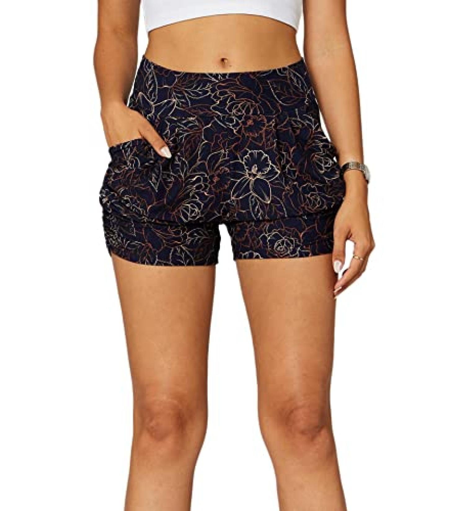 Conceited High Waisted Flowy Shorts with Pockets, 4-Way Stretch - 4 Inseam Harem Style for Women (Fleur S-M) - Buy Online on SooperMarket.com