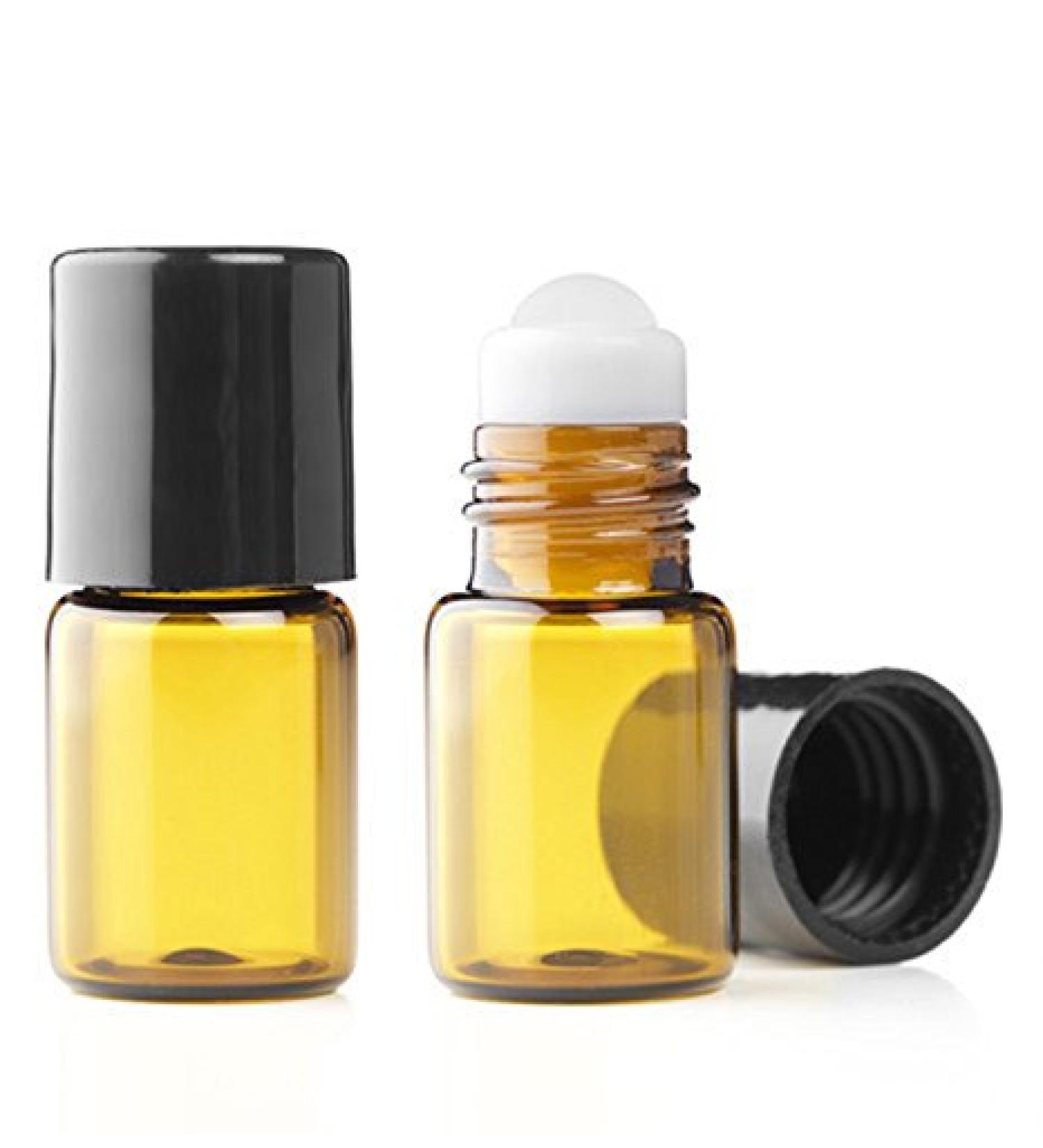 Grand Parfums Empty 2ml Amber Glass Micro Mini Rollon Dram Glass Bottles with Premium Glass Roller Balls - Refillable Aromatherapy Essential Oil Roll On - Bulk - 1/2 Dram Pack of 6