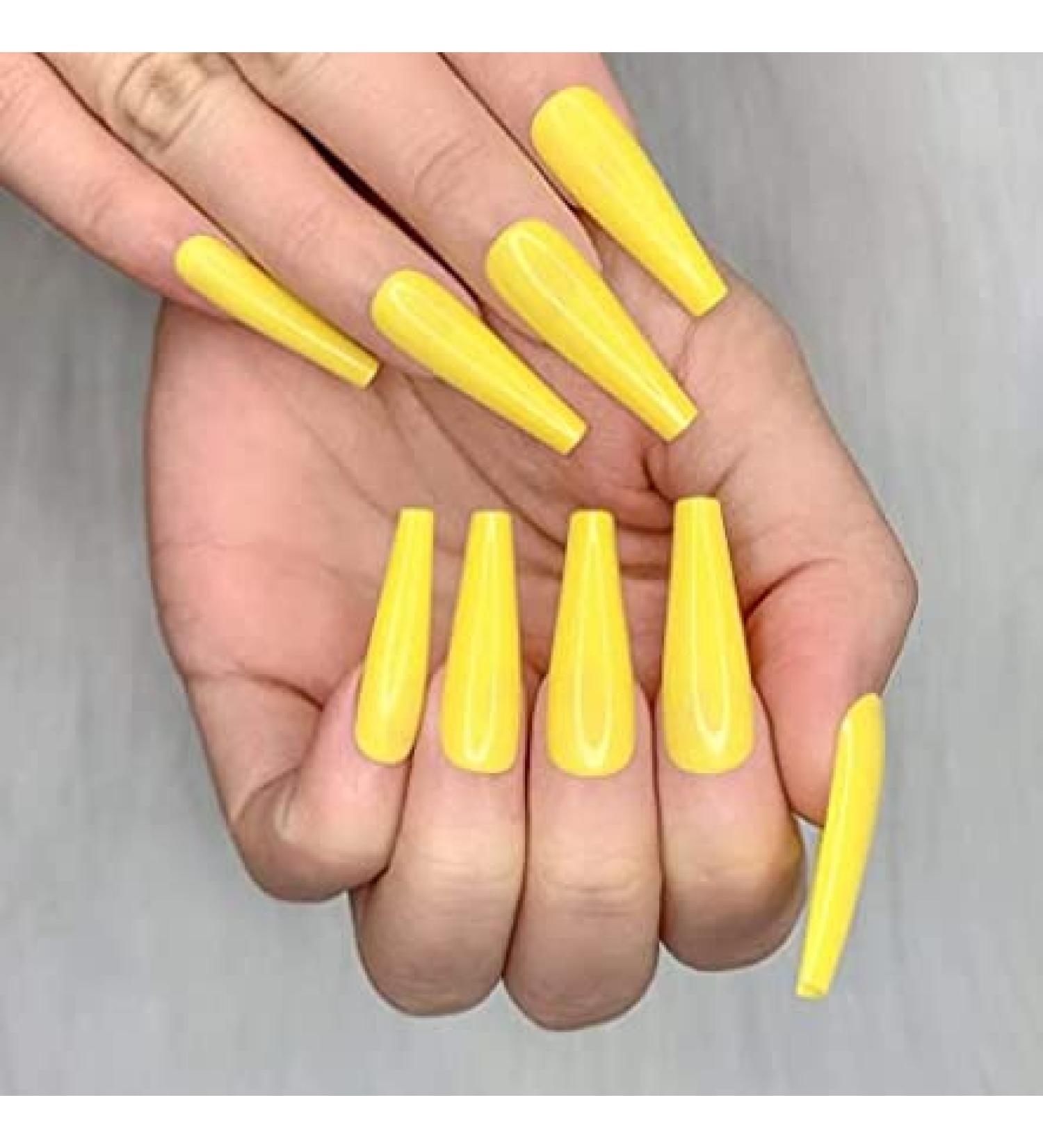 Brishow Coffin False Nails - Long Yellow Stick on Nails for Women and Girls - Buy Online on SooperMarket.com