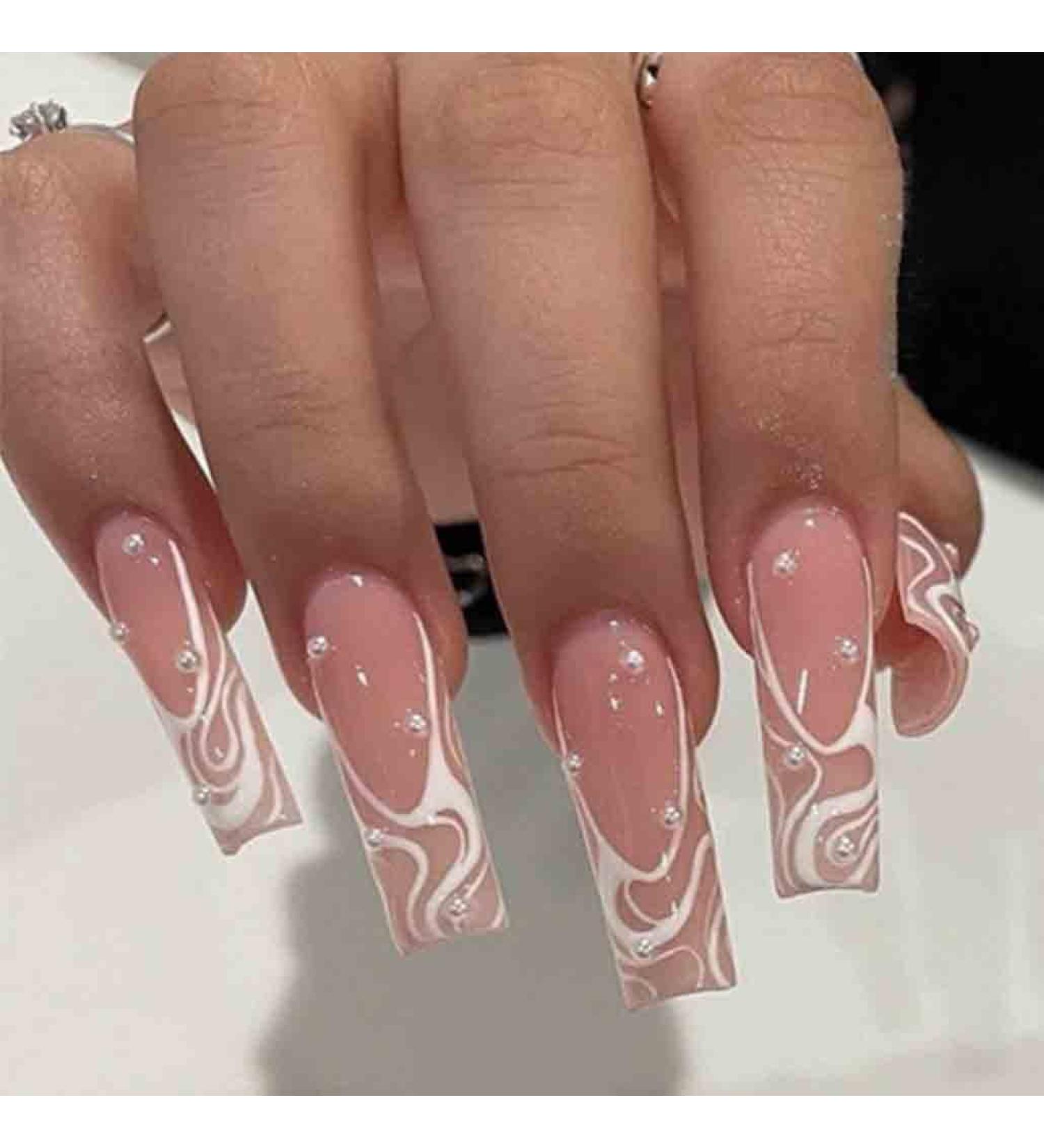 Foccna Square Pearl Pink Press on Nails - 24 pcs Long Acrylic False Nails for Women and Girls - Buy Online on SooperMarket.com