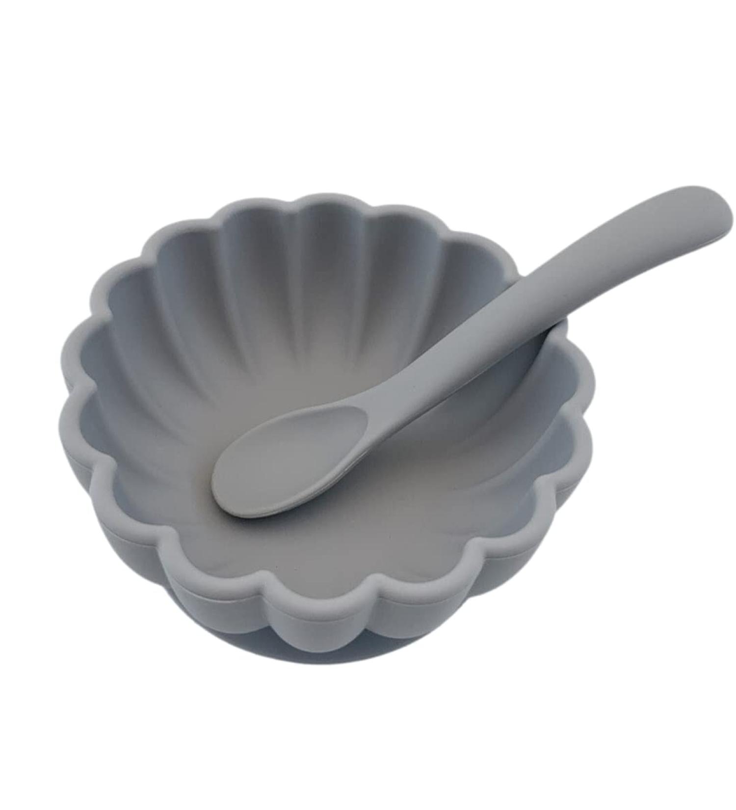 Alimos Scalloped Edge Silicone Baby Weaning Bowl and Spoon Set - BPA-Free, Suction Base, Pale Grey - Buy Online on SooperMarket.com