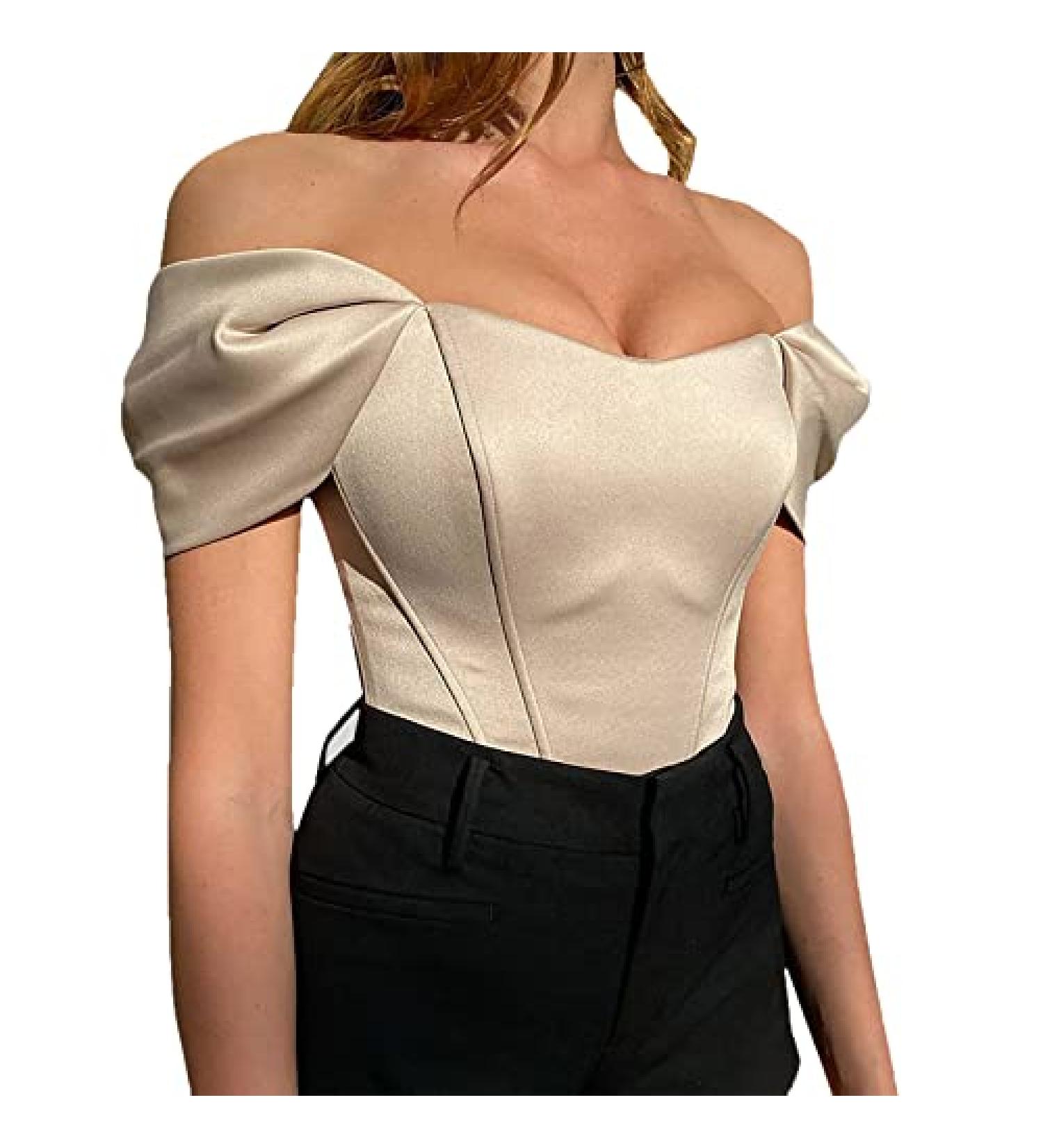 Womens Sexy Tube Top Off Shoulder Puff Sleeve Blouse | Slim Fit Fishbone Thread Breast Wrap Pullover - Beige - Buy Online on SooperMarket.com