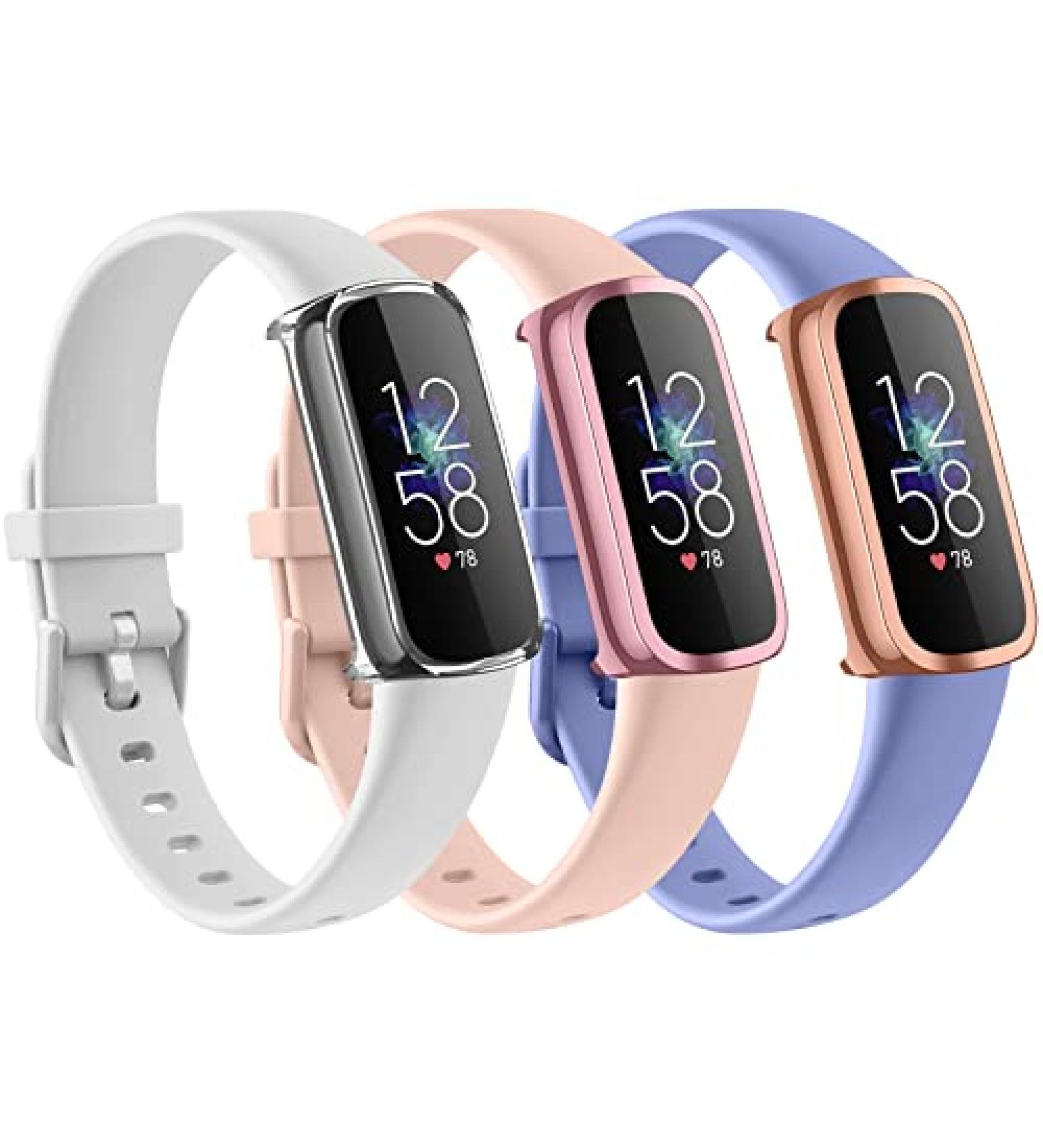 3 Pack Silicone Bands for Fitbit Luxe with Screen Protector Case - Women's Sport Replacement Wristbands - White, Pink, Violet - Large - Buy Online on SooperMarket.com