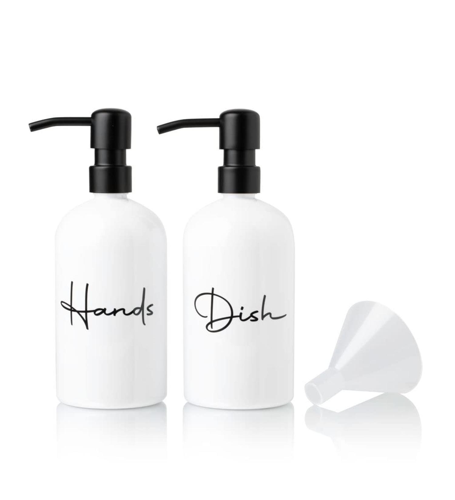 Alora Hand Soap Dispenser and Liquid Dish Soap Dispenser for Kitchen Sink - Set of 2 - Black Metal Pumps - Reusable Plastic Bottle with Easy to Read Lettering - Countertop Replacement Refill Set of 2 (16 Ounce) White - Buy Online on SooperMarket.com