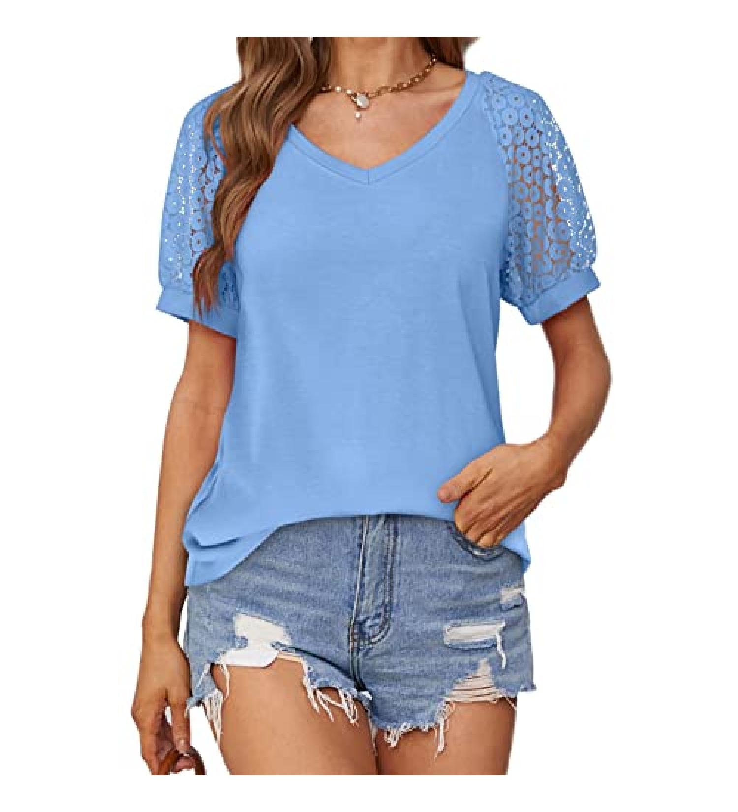 MALAIDOG Womens Lace Puff Sleeve Tunic Blouse - Floral V Neck Tee, Summer Flowy Top Blue - Buy Online on SooperMarket.com
