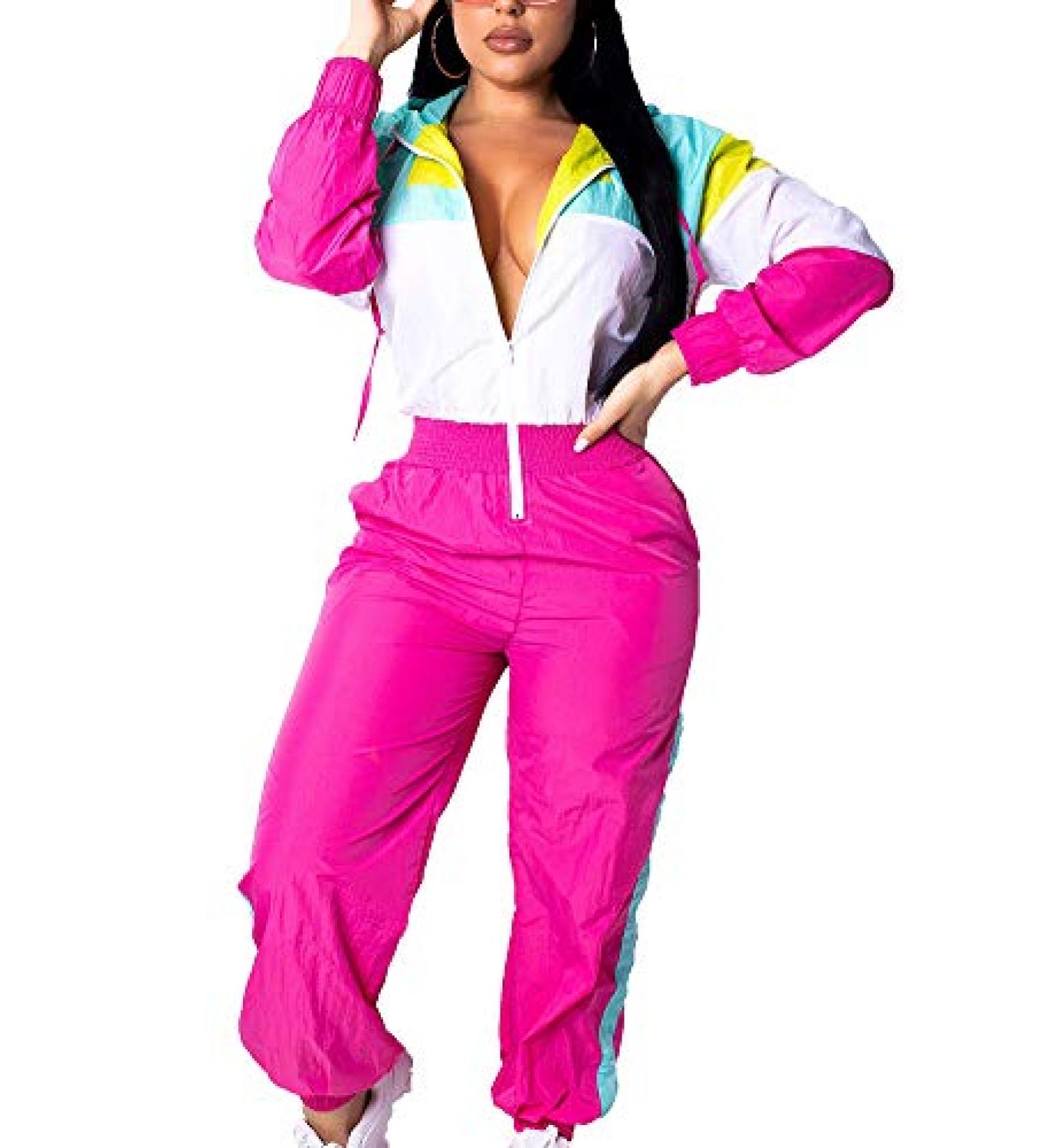 VOIKERDR Women Colorblock One Piece Outfit Set - High Waist Pants & Long Sleeve Zipper Front Jumpsuit - XX-Large, Pink - Buy Online on SooperMarket.com